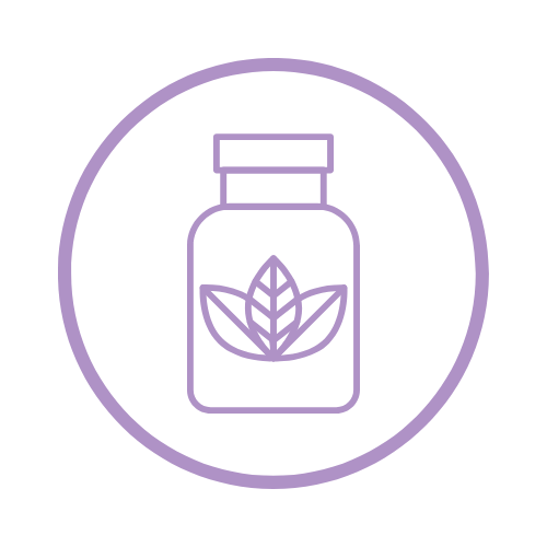 Line drawing of a supplement bottle with a leaf icon on the label, enclosed in a circle, in purple.