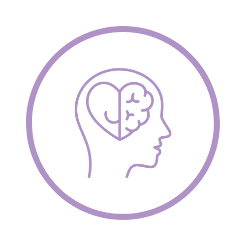 Outline of a human head with a brain divided into two parts, one resembling a heart and the other a cloud, inside a purple circle.