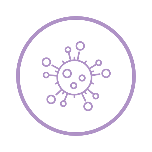 A purple outline of a virus inside a circle, with a large central sphere and smaller circular protrusions extending from it.