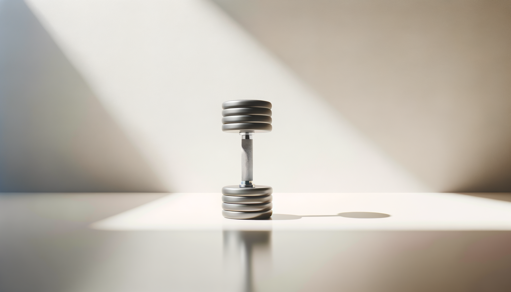 A modern dumbbell with stacked weight plates, standing vertically on a white surface in front of a background with angled light and shadow.