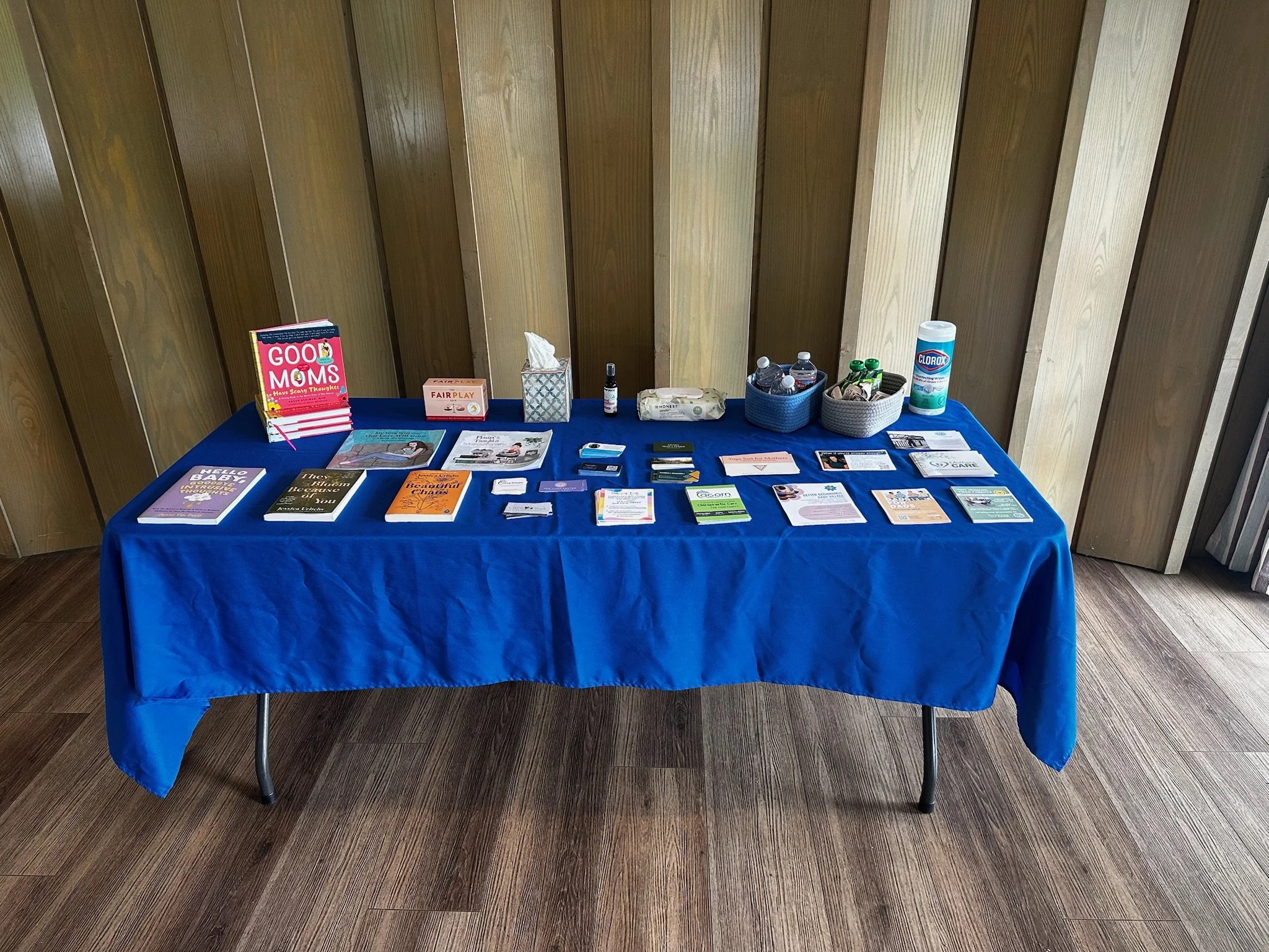 A table covered with a blue cloth displaying books, brochures, and informational materials in front of a wooden wall.
