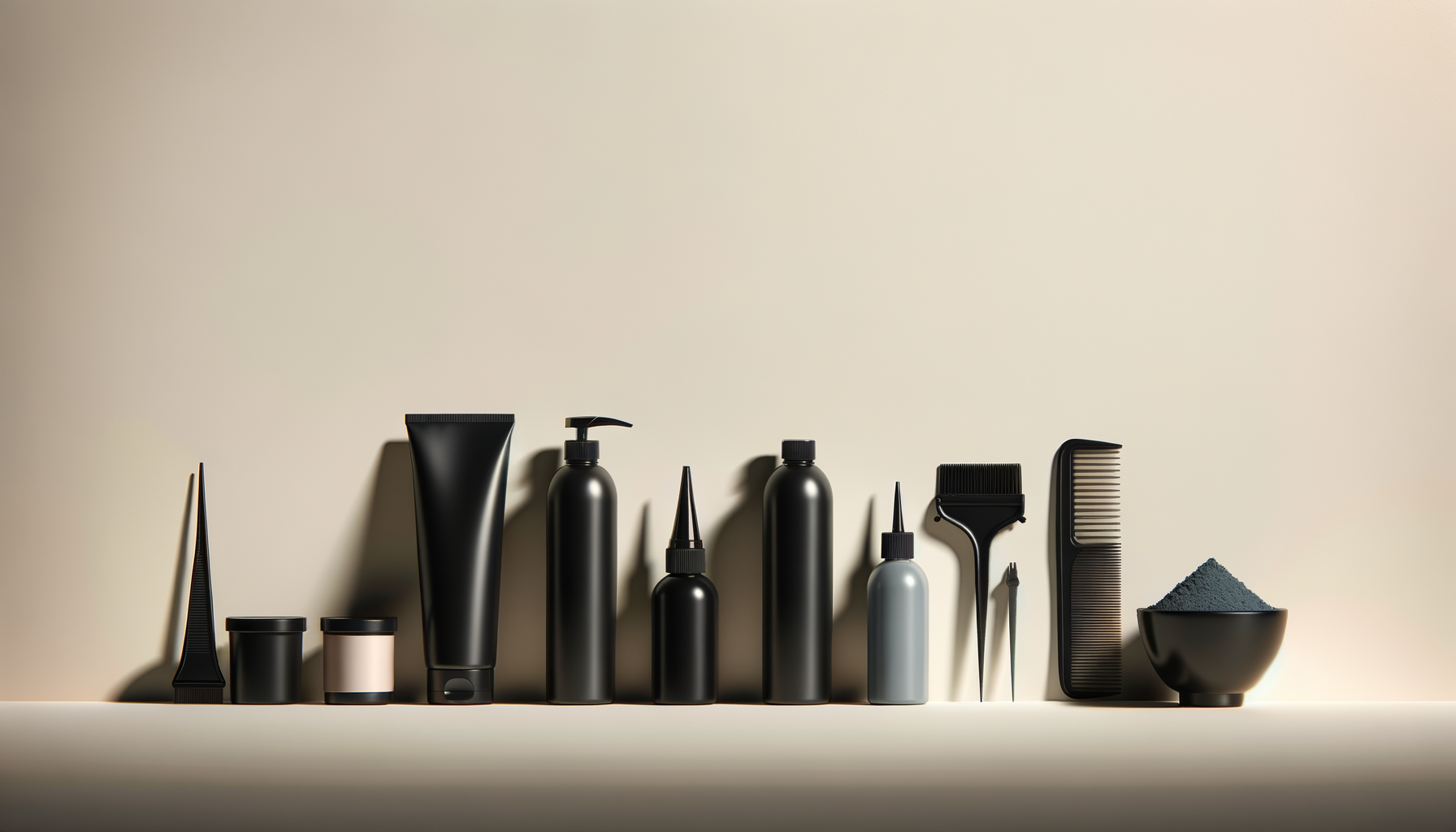 Black hair care and styling products with hairbrush, comb, and bowl of hair dye