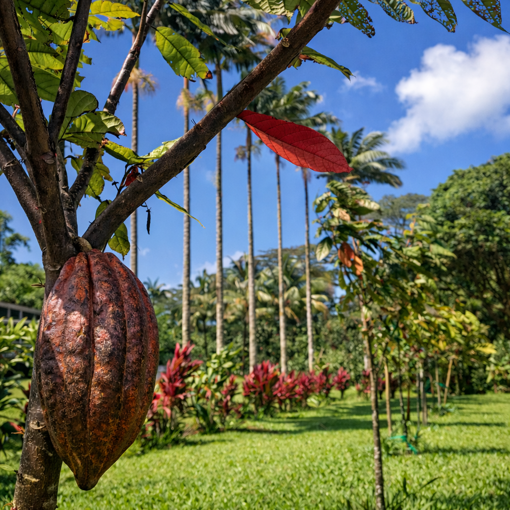 A cocoa pod on a tree with large leaves, set against a backdrop of palm trees, bright blue sky, and lush green garden.