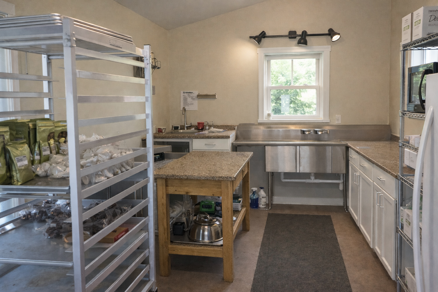 A commercial kitchen with granite countertops, stainless steel sink, white cabinets, a window showing green trees outside, and metal shelving units with food and equipment.