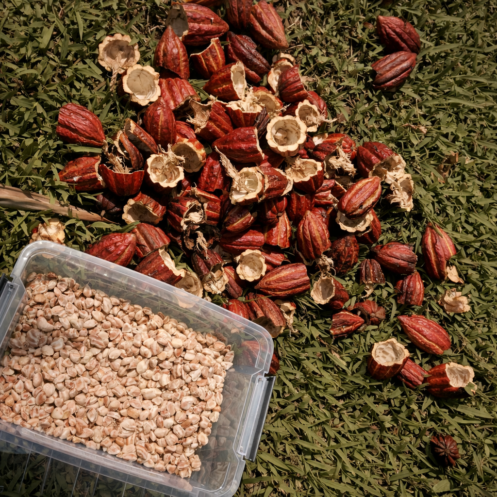 Husks of dried cacao pods and a plastic container filled with roasted cacao nibs on green grass.