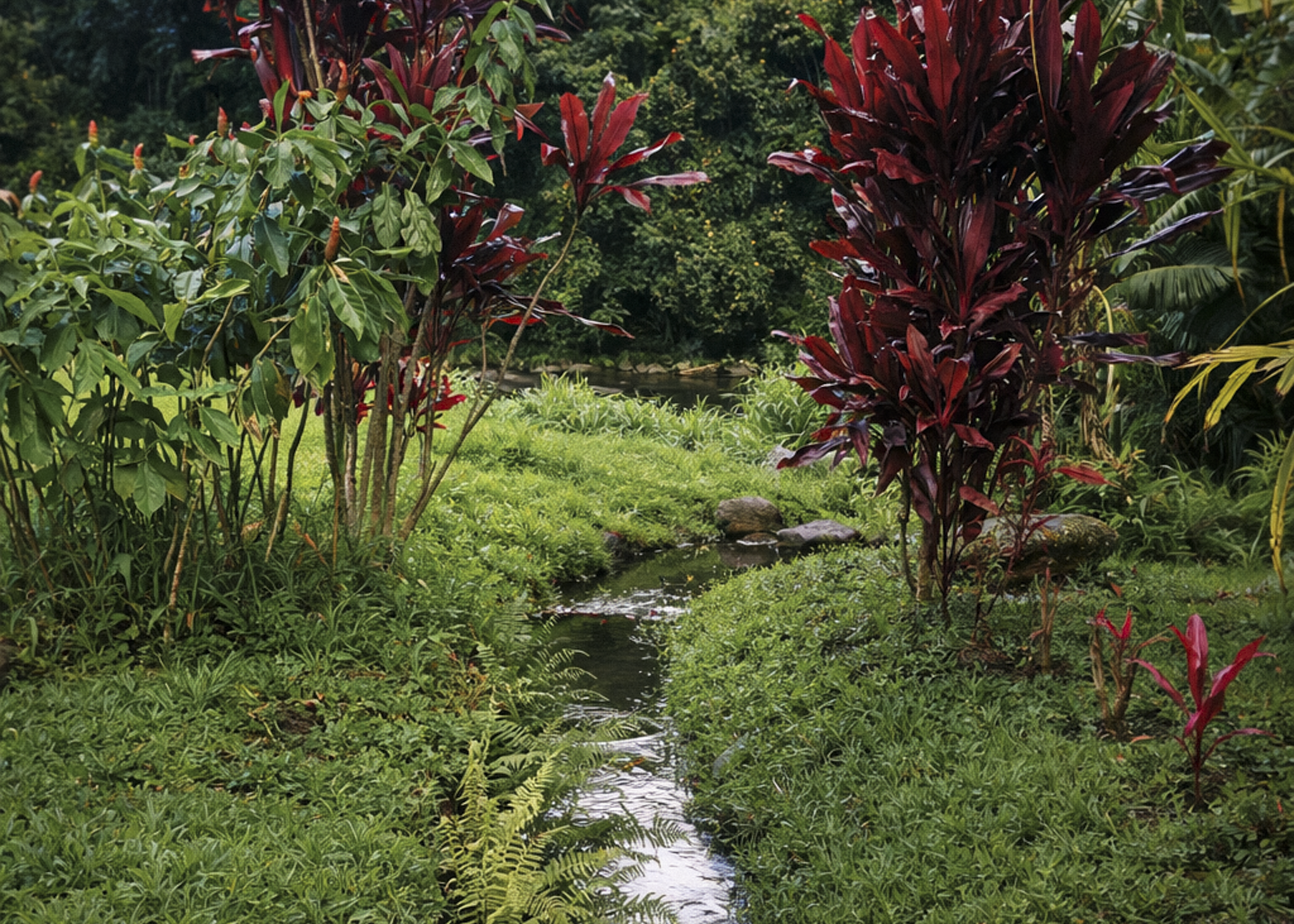 An Auwai (Hawaiian man-made irrigation canal) bisects the farm.