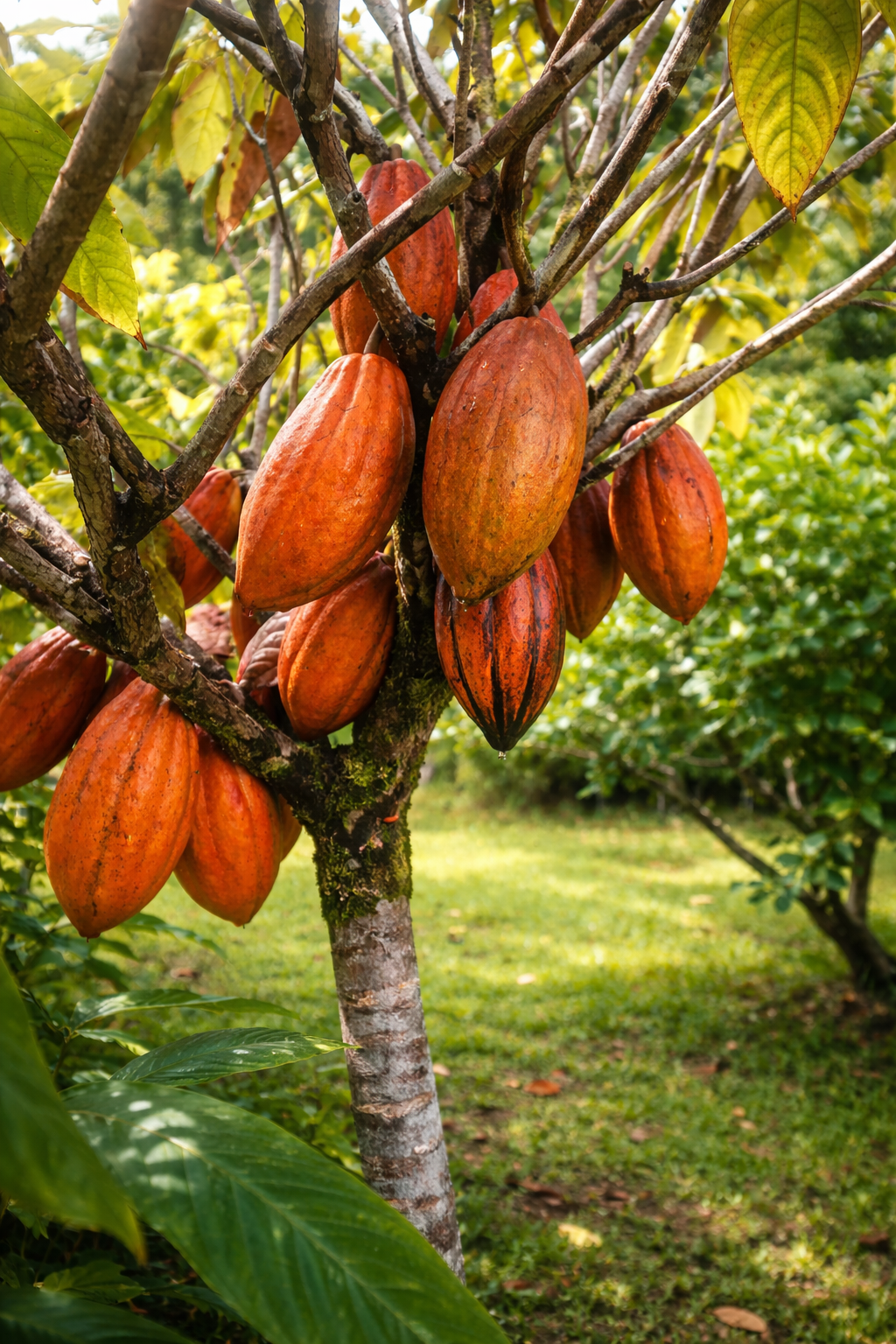 The image shows a cocoa tree with numerous ripe, reddish-brown cocoa pods hanging from its branches amidst green leaves in a lush plantation.