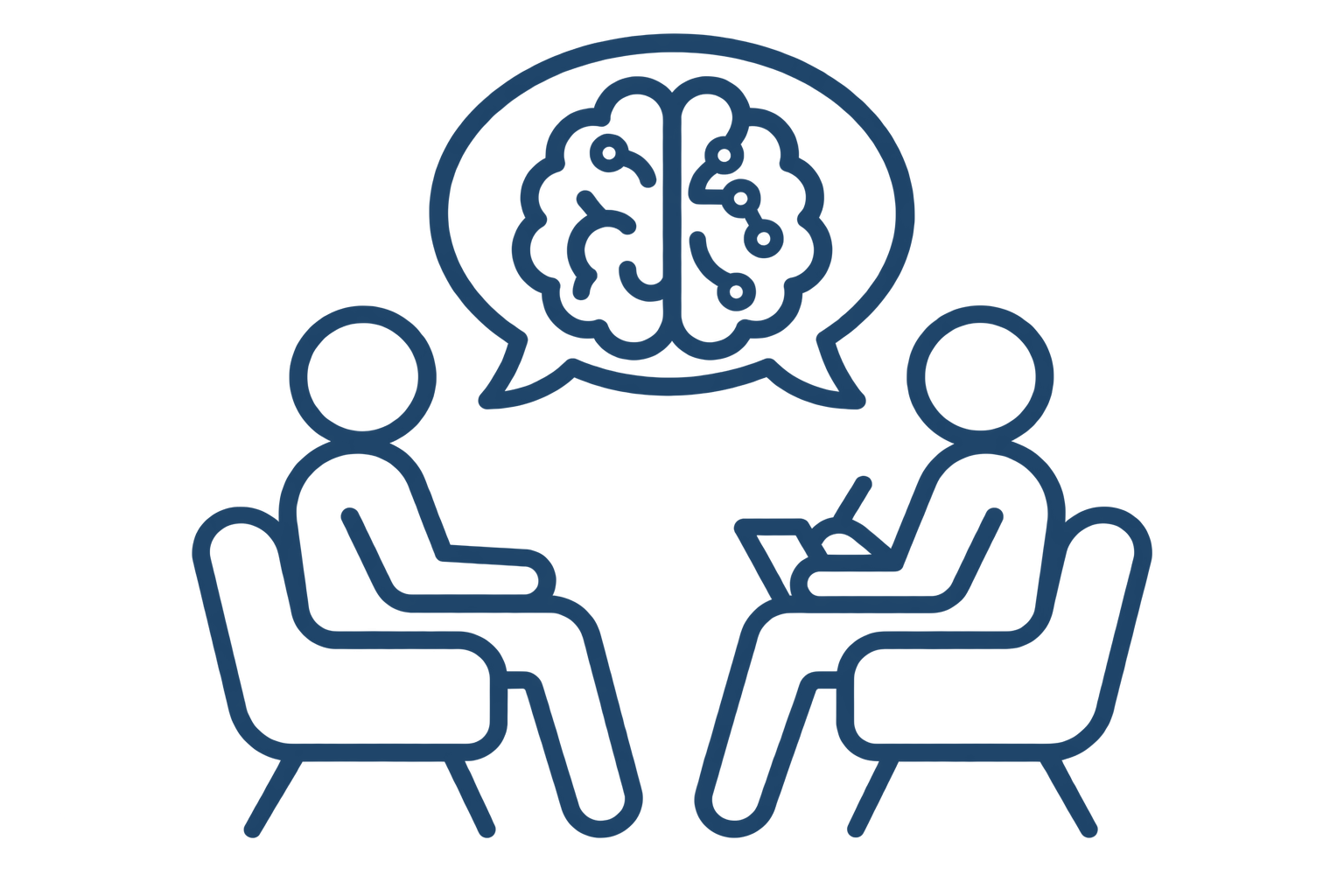 Two people in chairs having a conversation with a speech bubble containing a brain illustration, and a laptop on the table between them.