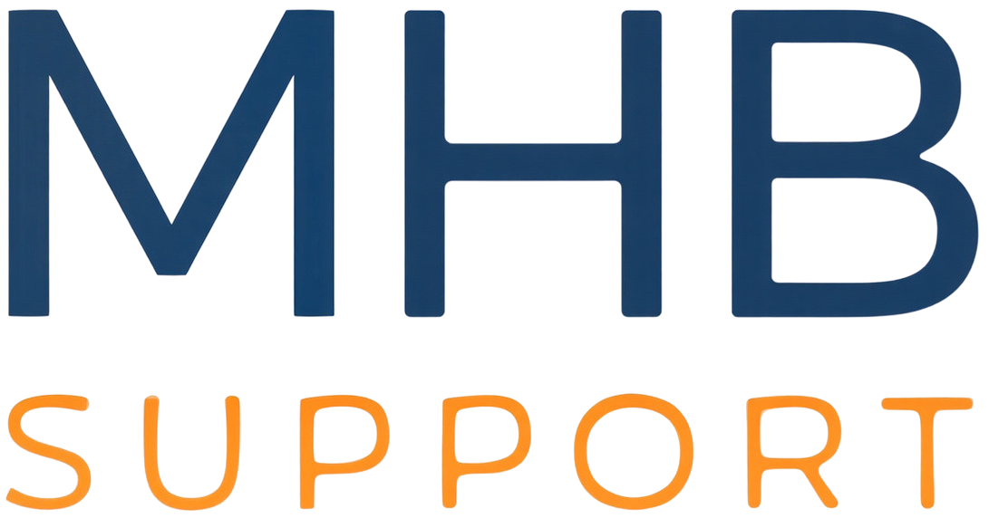 Logo with large dark blue letters 'MHB' and orange letters spelling 'SUPPORT' below.