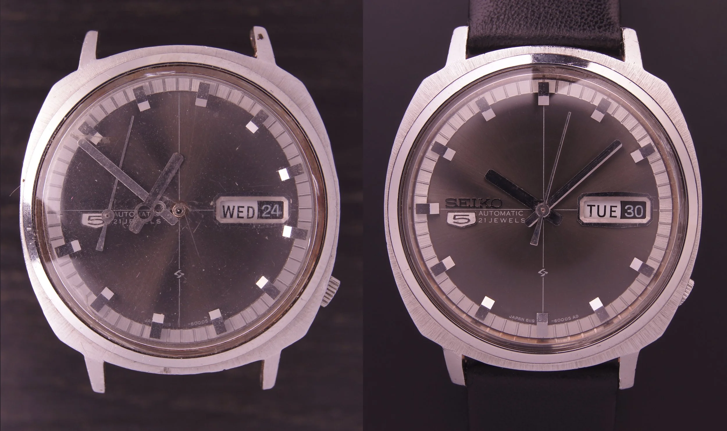 Side-by-side comparison of two vintage Seiko automatic wristwatches with black dials and silver cases, showing different times and dates.