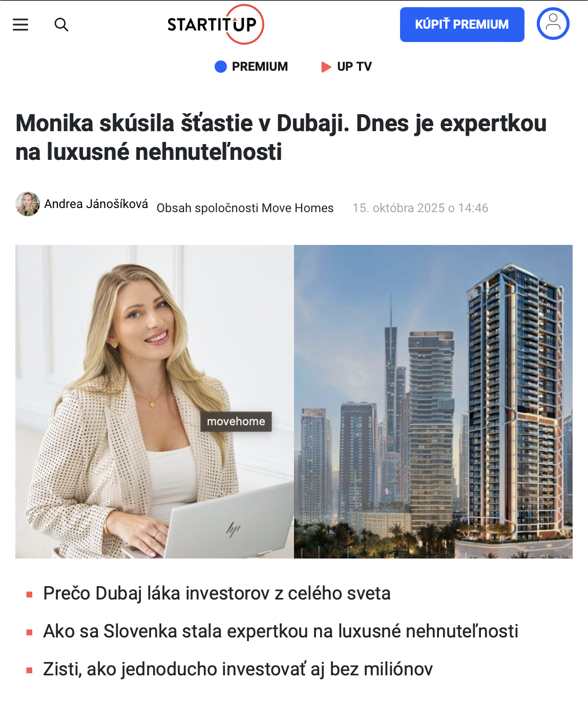Screenshot of an article about Monika, a real estate expert in Dubai. The image shows a smiling blonde woman with a laptop on the left and a city skyline with high-rise buildings on the right.