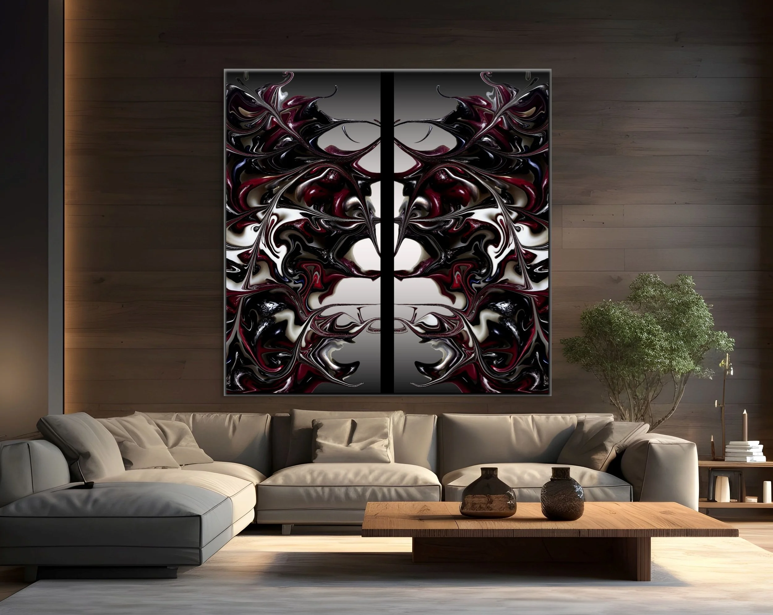 Modern living room with a large abstract black, white, and maroon artwork on a wooden wall, beige sofa with pillows, green plant, and wooden coffee table with decorative items.