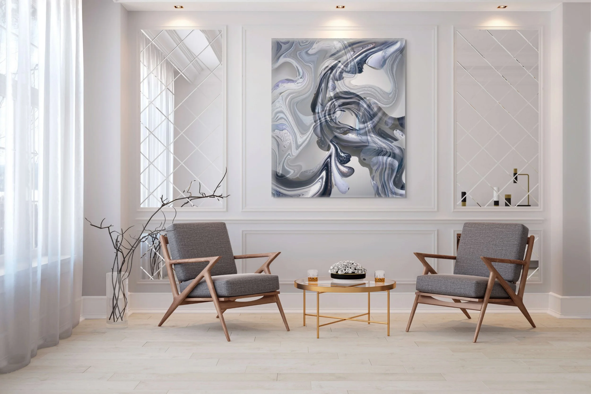 Modern living room with white walls, abstract black and white artwork, gray chairs, a small round gold table with a bouquet of white roses on it, and large windows with sheer curtains.