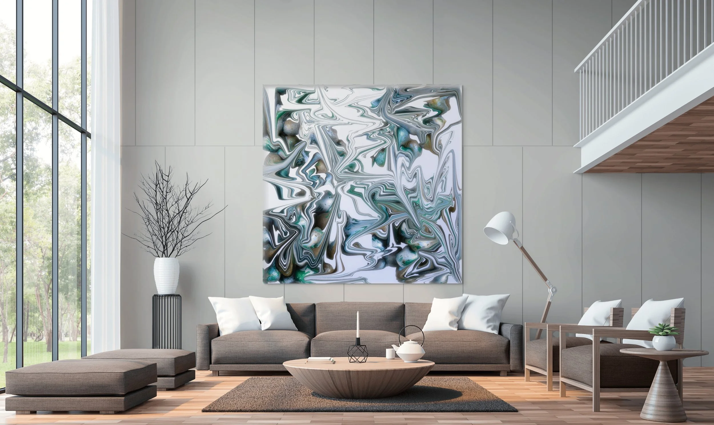 Modern living room with large abstract swirling art on the wall, gray sofa, wooden armchairs, a coffee table, and a tall lamp, with large windows and minimal decor.