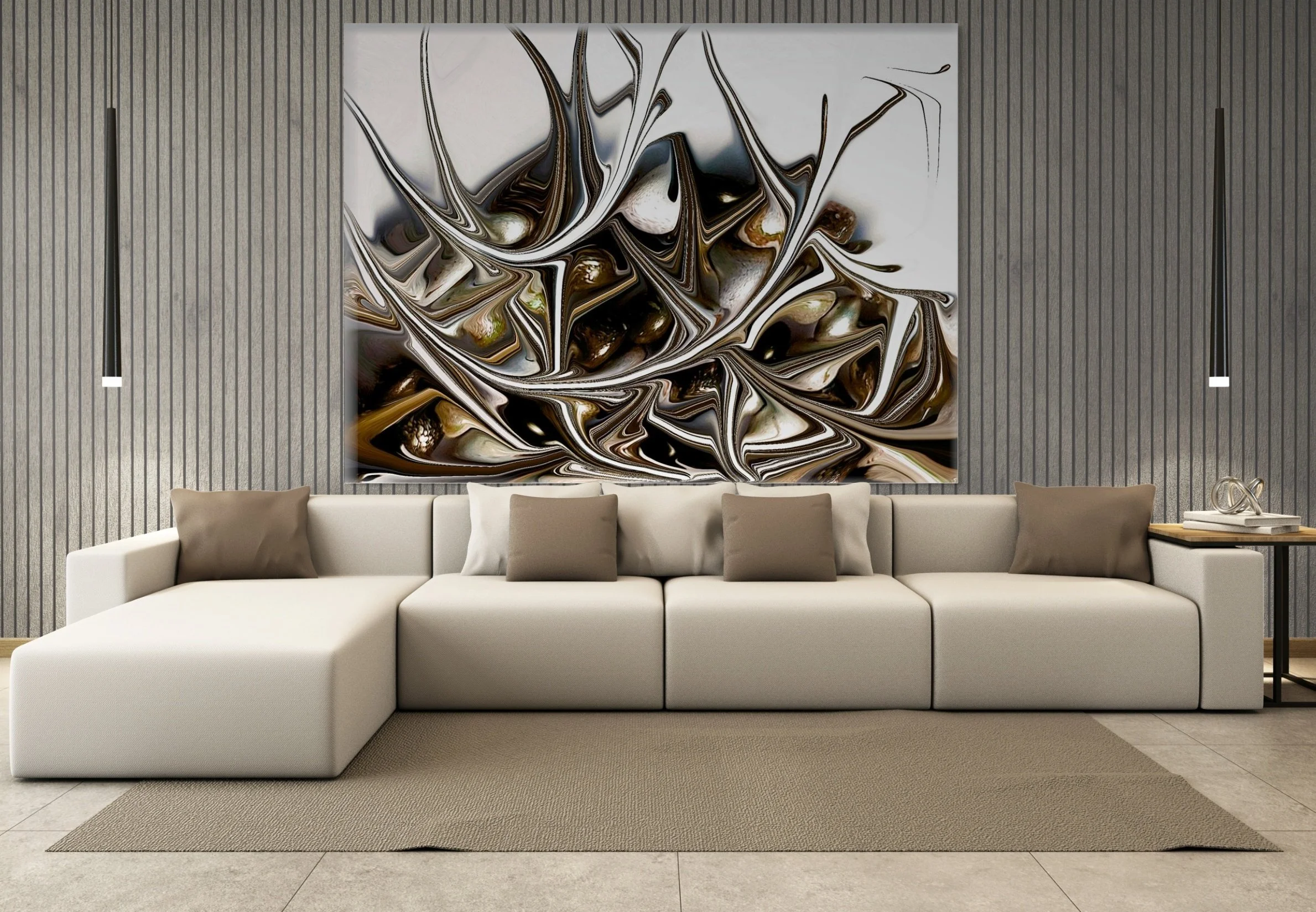 Modern living room with a large white sectional sofa adorned with beige and white pillows, a beige rug, contemporary abstract artwork with swirling patterns in black, white, and bronze on the wall behind, and a small side table with books and decorat