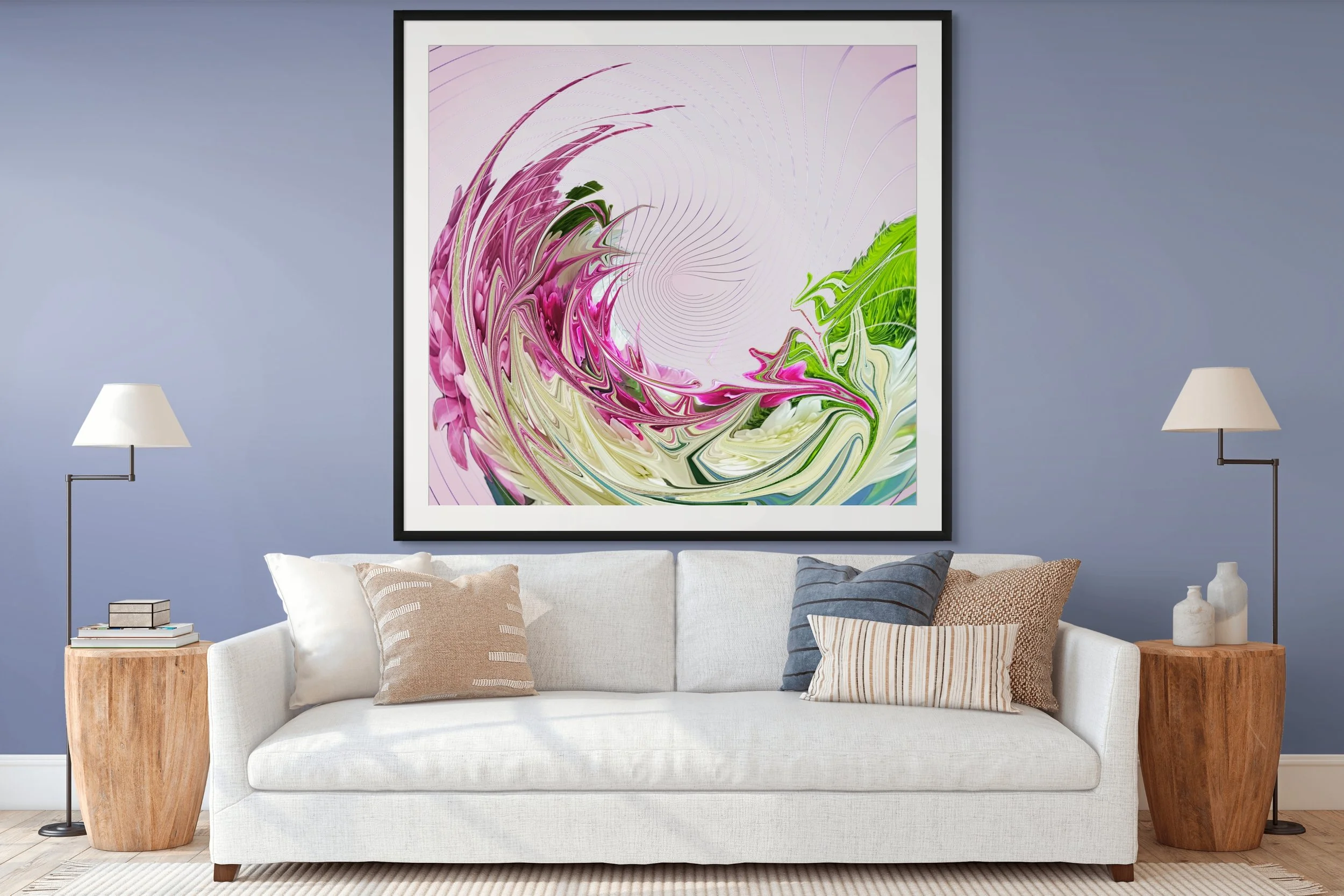 A contemporary living room with a white sofa, decorative pillows, two wooden side tables with books, modern white lamps on each side, a large abstract pink and green painting, and a light blue wall.