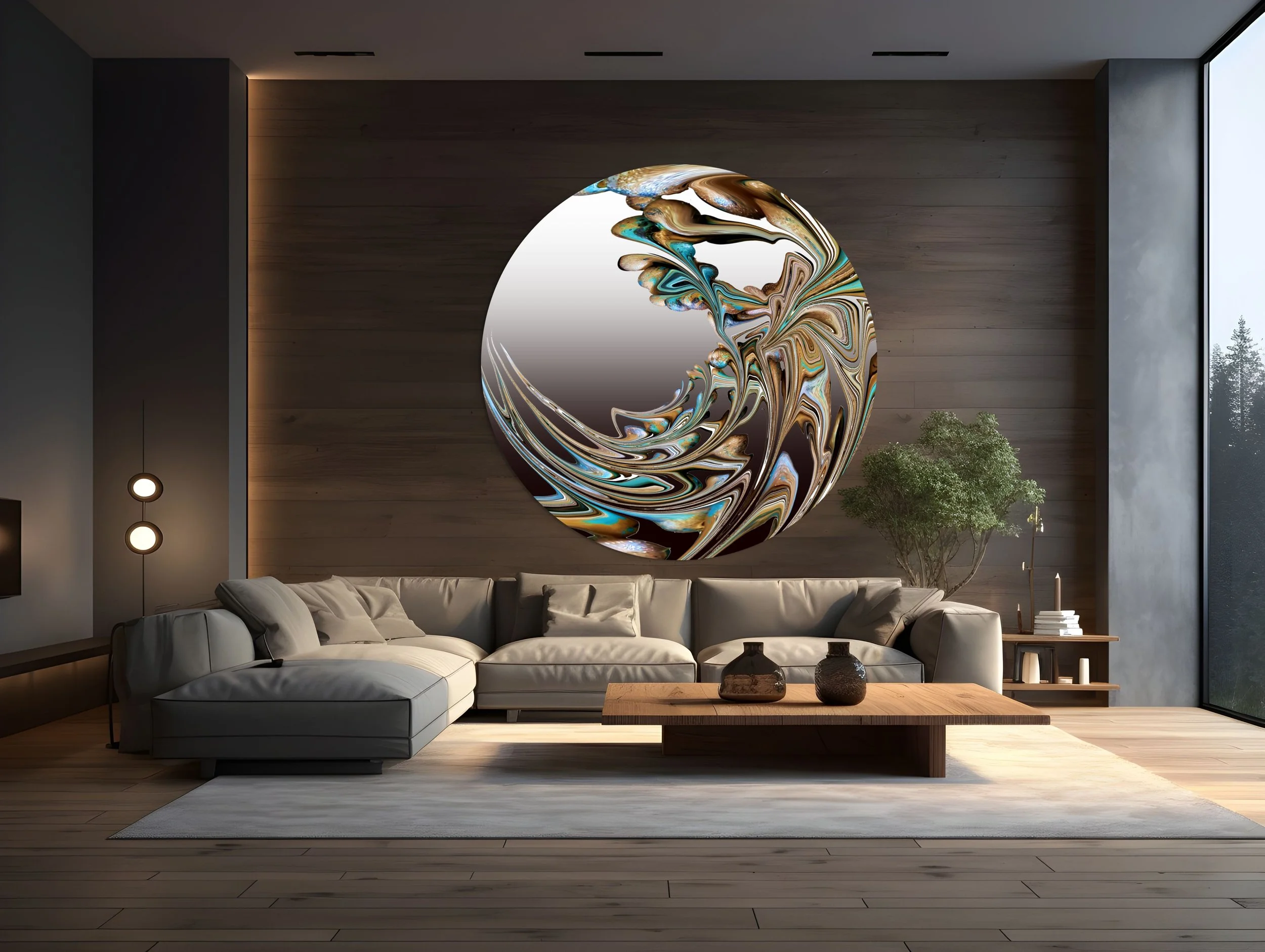 Modern living room with beige sectional sofa on a white rug, wooden coffee table with decorative vases, large round abstract art on the wall, potted plant, and large floor-to-ceiling window with trees outside.