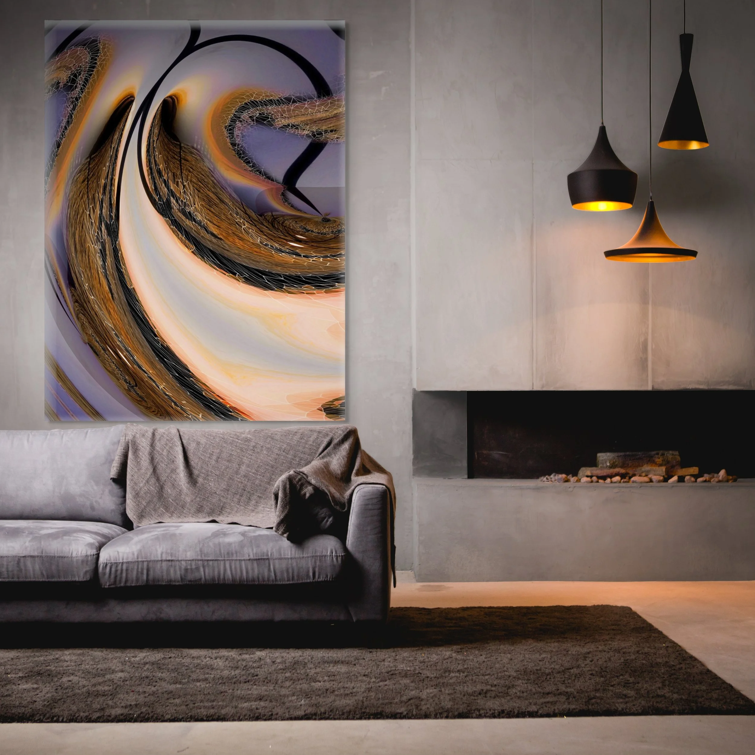 Modern living room with grey sofa, textured throw blanket, dark area rug, large colorful abstract art on the wall, concrete fireplace, and black pendant lights with warm lighting.