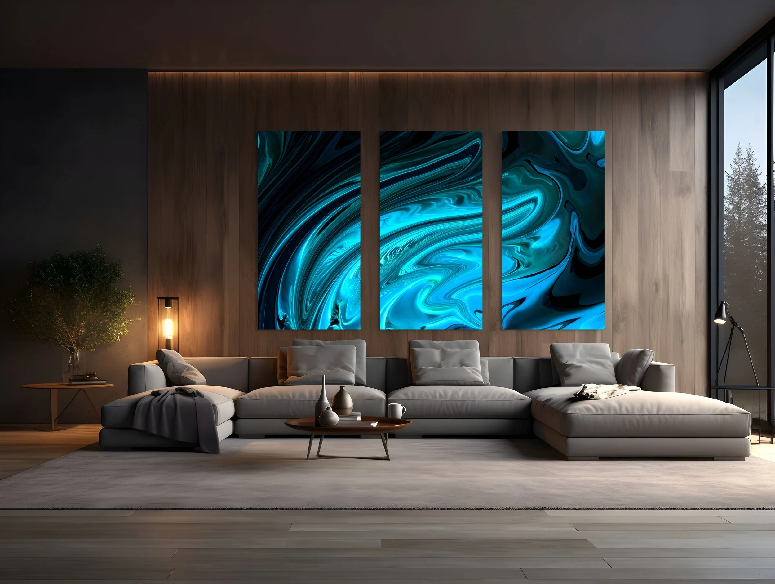 Modern living room with large gray sectional sofa, abstract blue artwork on wooden wall, and large window with a view of trees.