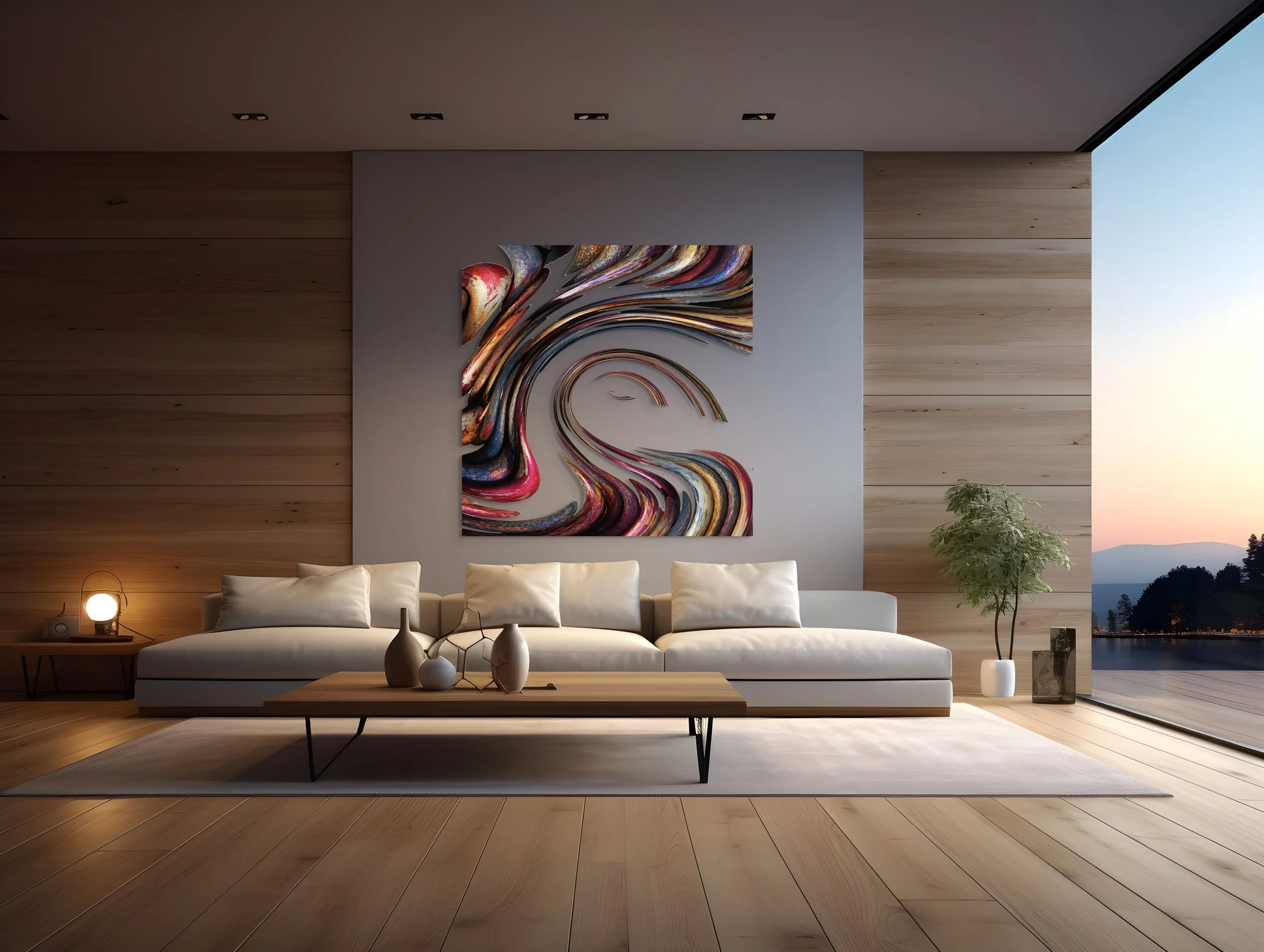 Modern living room with a white sectional sofa, a wooden coffee table with vases, a colorful abstract painting on the wall, a potted plant, wood-paneled walls, and large windows showing an outdoor view at sunset.