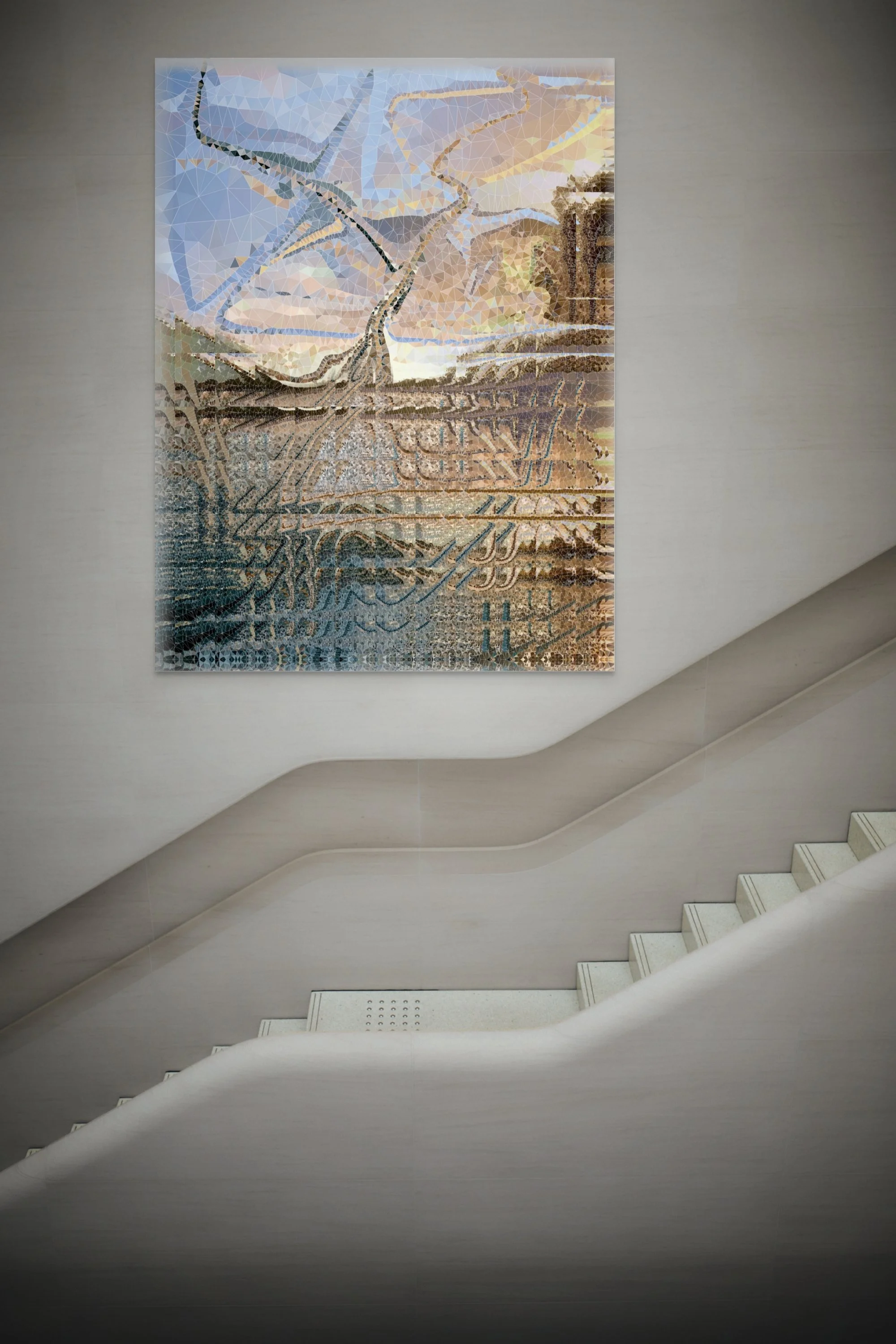 Modern artwork hanging on a wall above a staircase in a contemporary interior space.