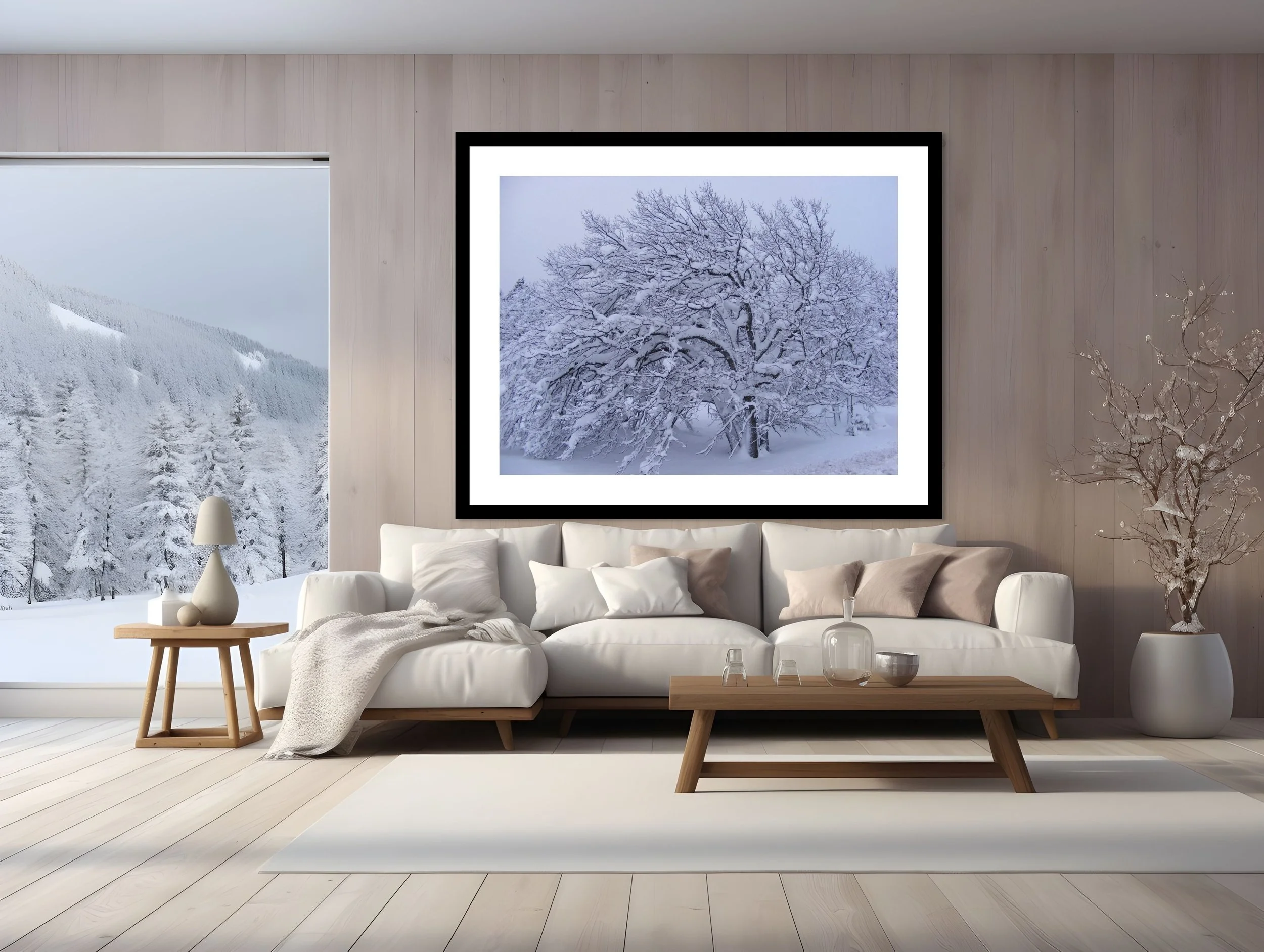 A modern living room with a wall-mounted photo of snow-covered trees, a white sofa, a small wooden side table with vases, and a potted plant, with large windows showing a snowy landscape outside.