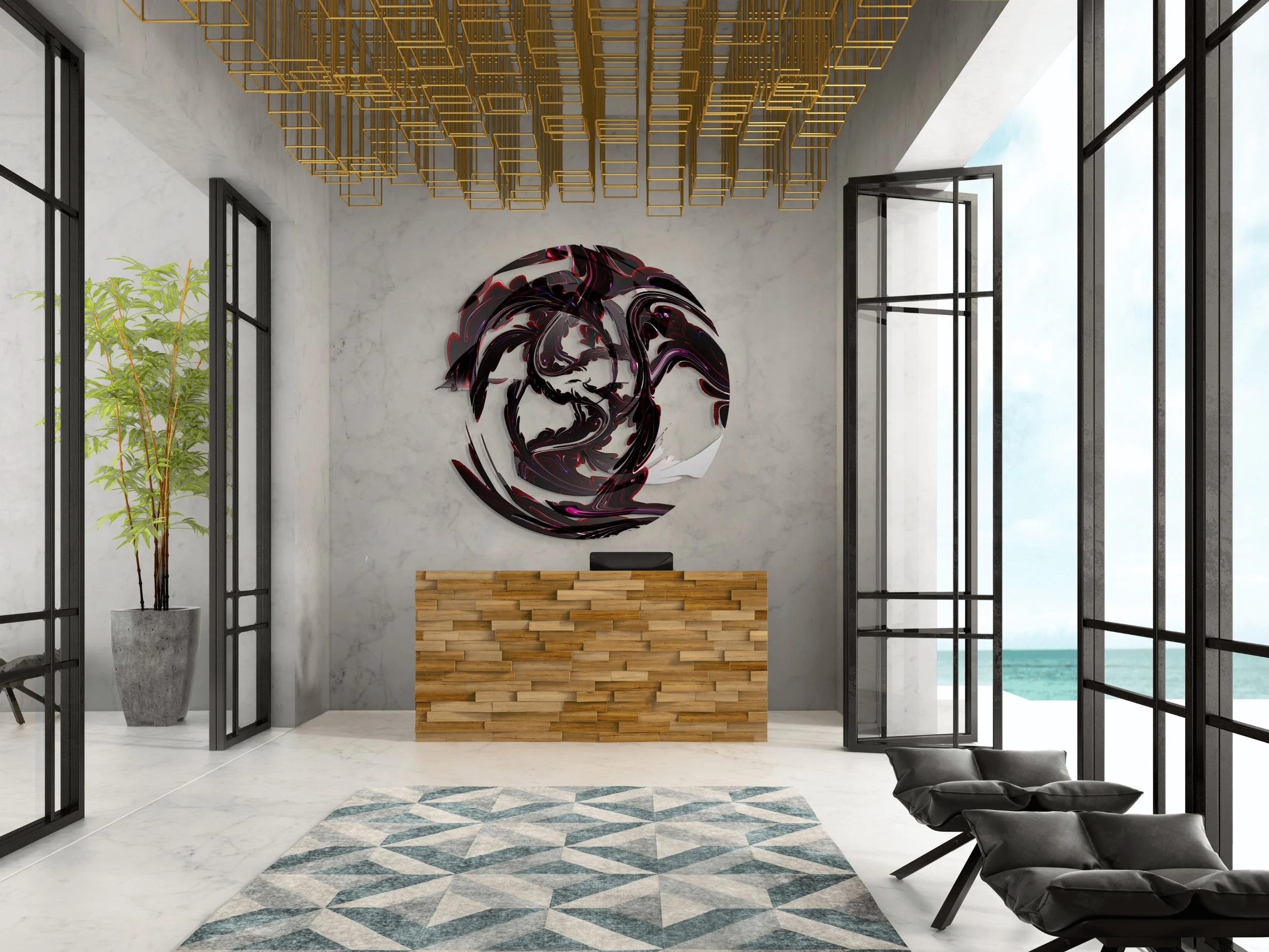 Modern hotel lobby with a reception desk made of stacked wood, a large circular abstract art piece on the wall, tall windows with black metal framing, a green potted plant, and black furniture, overlooking the ocean.