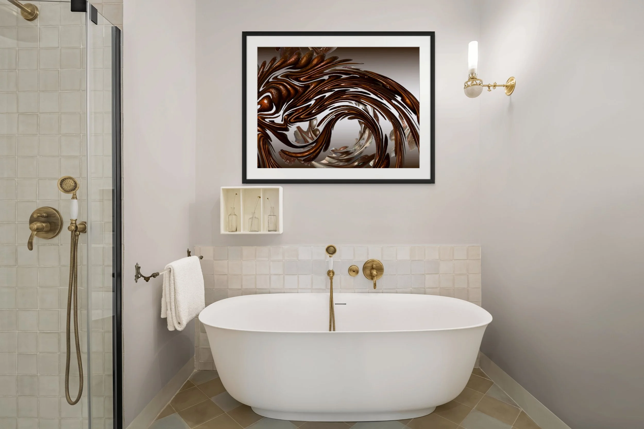 Bathroom with a white clawfoot bathtub, a shower area with gold fixtures, a white wall with a framed abstract artwork, a small white shelf with three bottles, and a gold wall-mounted sconce light.
