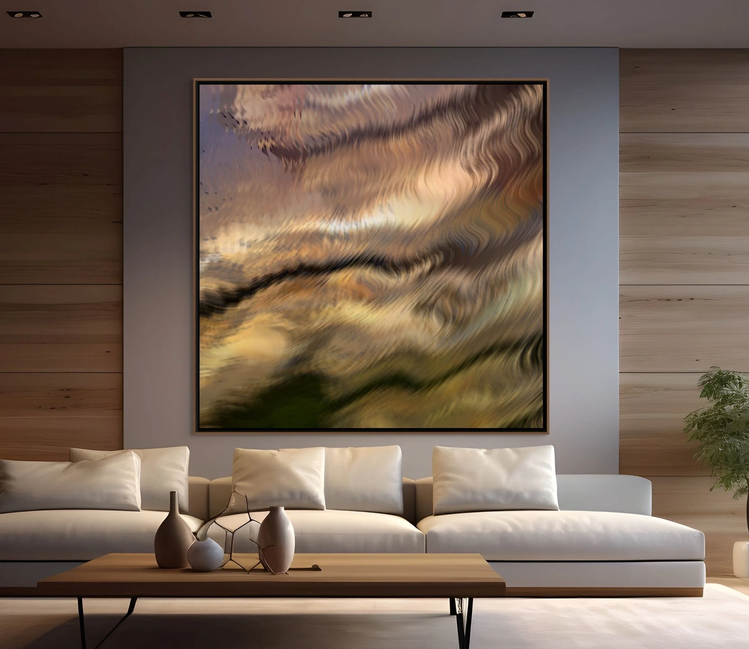 Living room with a large abstract painting on the wall, cream-colored sofa, decorative vases on a wooden coffee table, wooden wall paneling, and a potted plant.