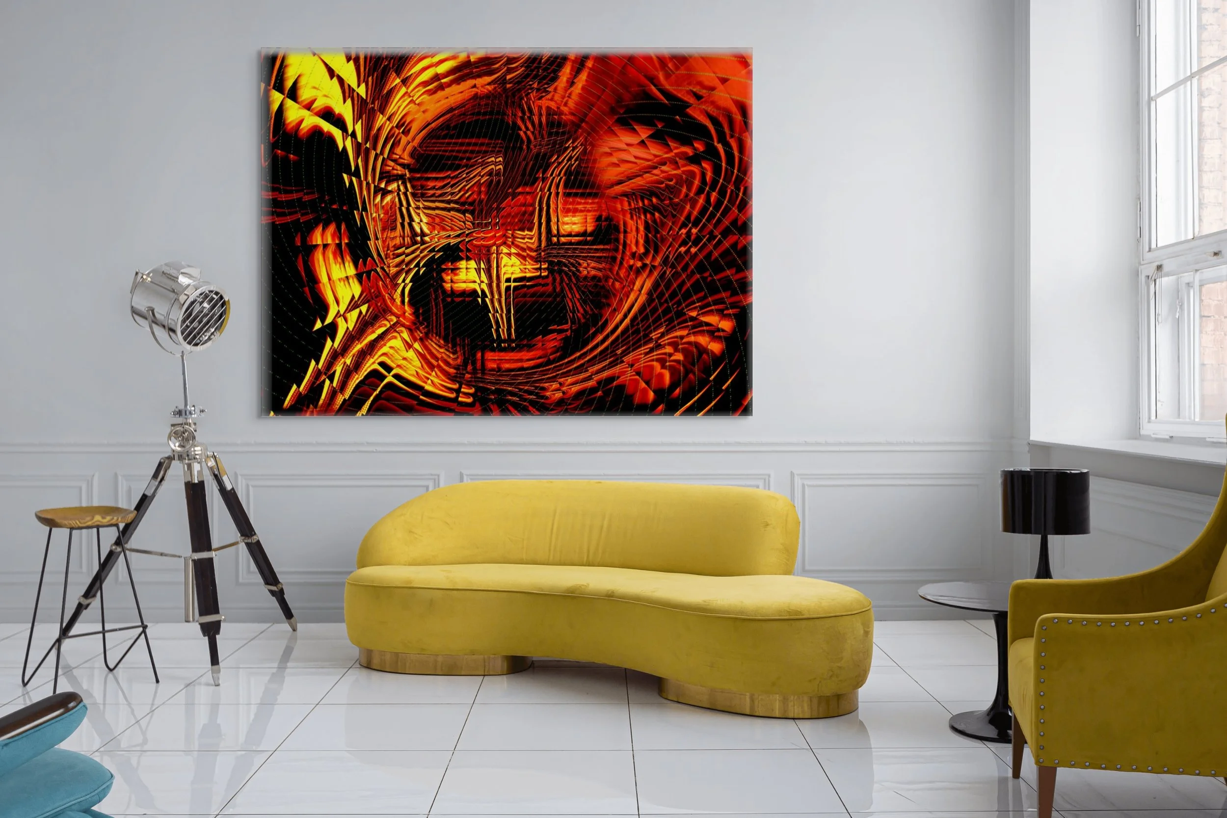 Living room with a yellow velvet curved sofa, a yellow armchair, a black side table with a black lamp, a silver spotlight floor lamp, white tiled floor, and a large abstract artwork with red, orange, and black swirling patterns on the wall.