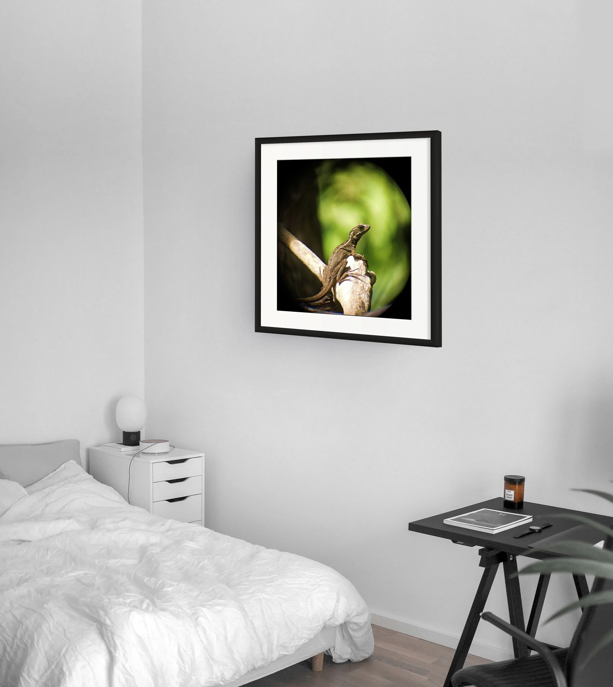 A bedroom with a bed covered in white bedding, a white nightstand with three drawers, a black desk with a wireless mouse, a laptop, and a moist towelette package. A framed nature photograph of a lizard on a branch hangs on a white wall above the bed.