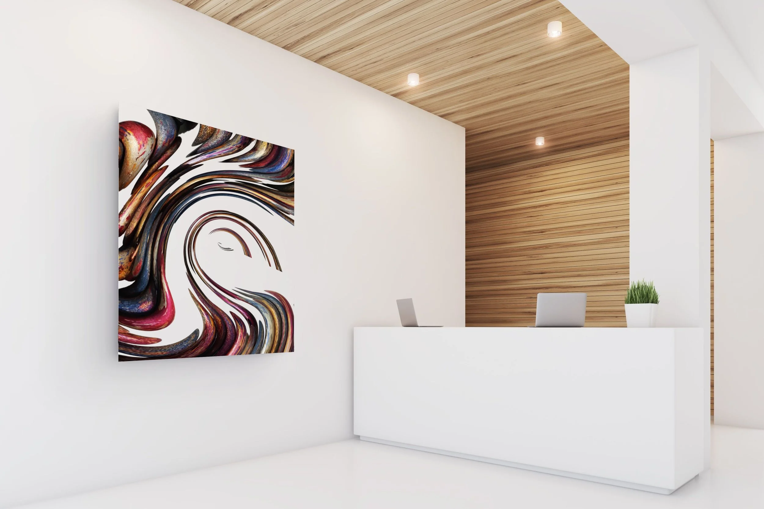 Modern reception area with a white desk, a colorful abstract painting on a white wall, a wooden ceiling with recessed lights, and a potted plant on the desk.
