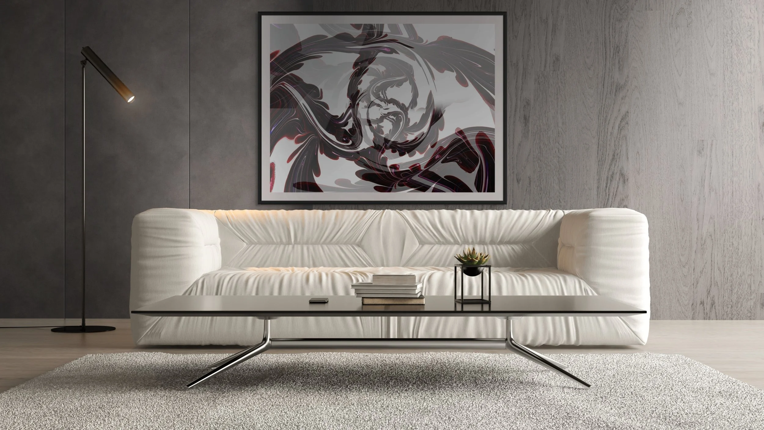 Modern living room featuring a white plush sofa, a black coffee table with a succulent plant and stacked books, a abstract black and red framed artwork on a gray textured wall, a tall black floor lamp on the left, and a beige textured rug on light wo