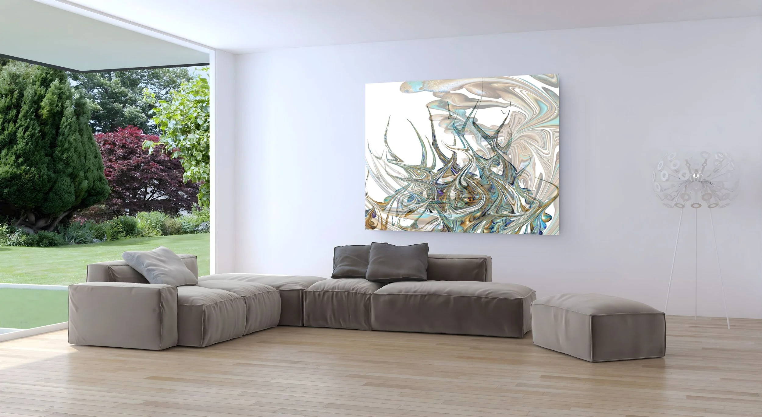 Modern living room with a large abstract painting on the wall, light gray sectional sofa, and a floor-to-ceiling window showing a lush garden with green and purple trees.