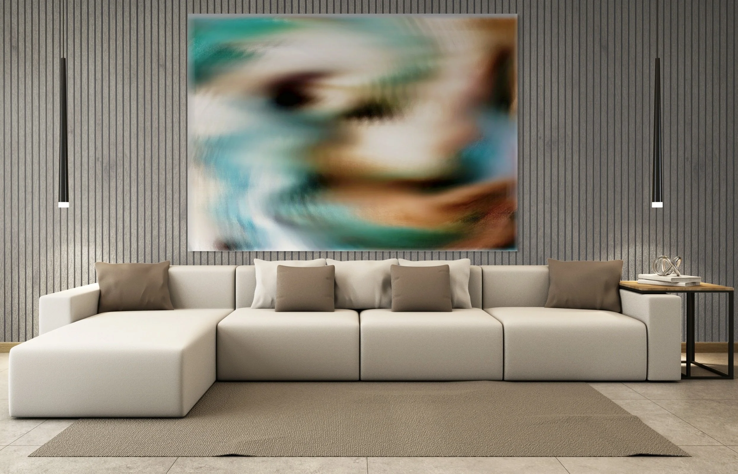 Modern living room with a large abstract painting on a gray textured wall above a white sectional sofa with beige and white pillows. A small black side table with decorative items is beside the sofa, and a beige rug is on the floor.