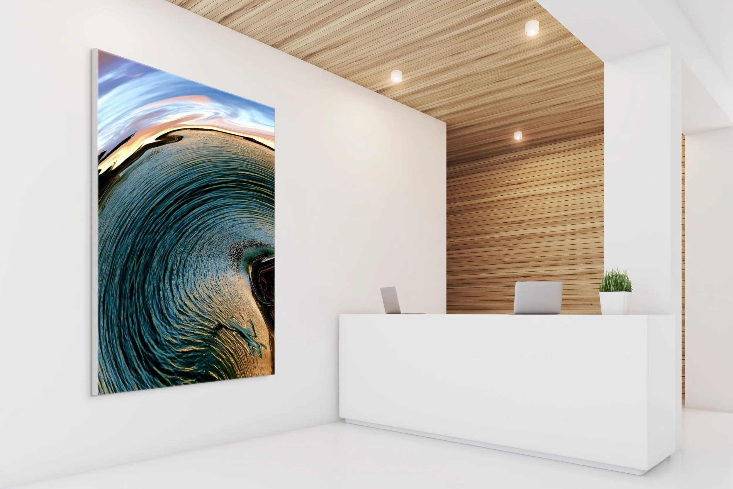 Modern reception area with white walls, a wooden ceiling, and a wooden accent wall. There is a white reception desk with a laptop, a potted plant, and a large abstract artwork resembling a swirling water vortex on the wall.