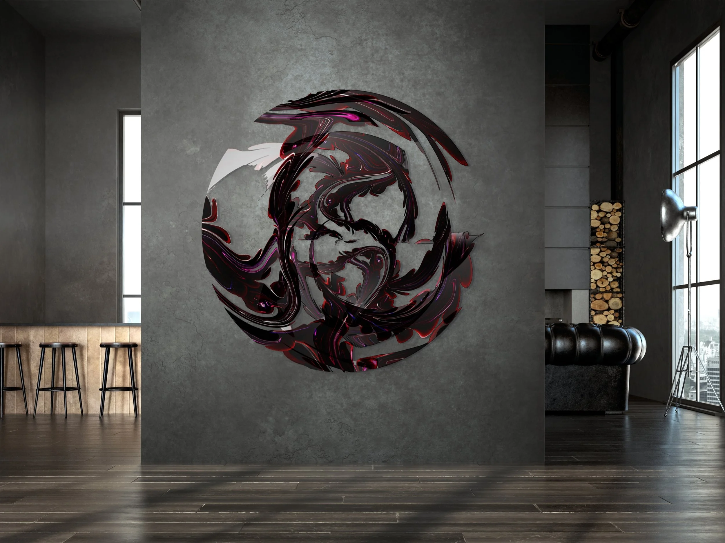 Contemporary living room with a large abstract swirling wall art in shades of black, white, pink, and purple, flanked by tall windows, decorated with wood logs stacked vertically and a metallic floor lamp.