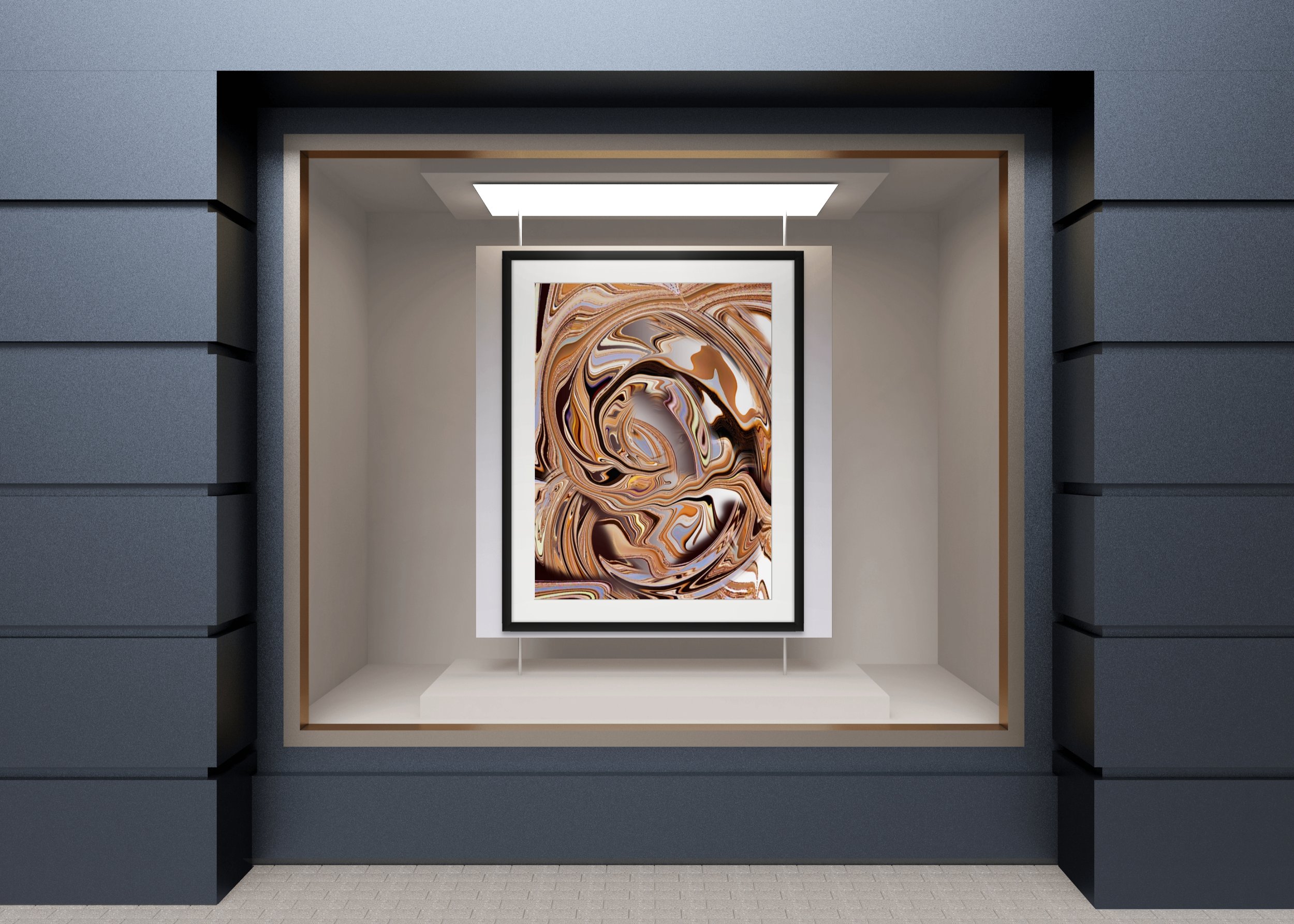Artwork with swirling patterns in shades of brown, beige, black, and white displayed in an outdoor gallery or museum setting.