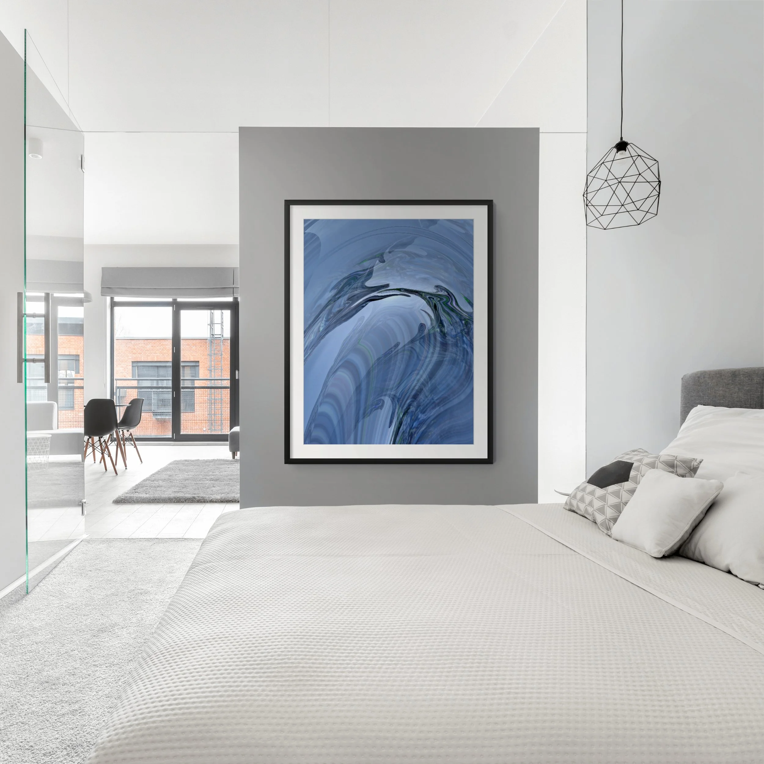 Modern bedroom with white textured bed, gray pillows, large framed abstract art, gray walls, street view through windows, contemporary pendant light.