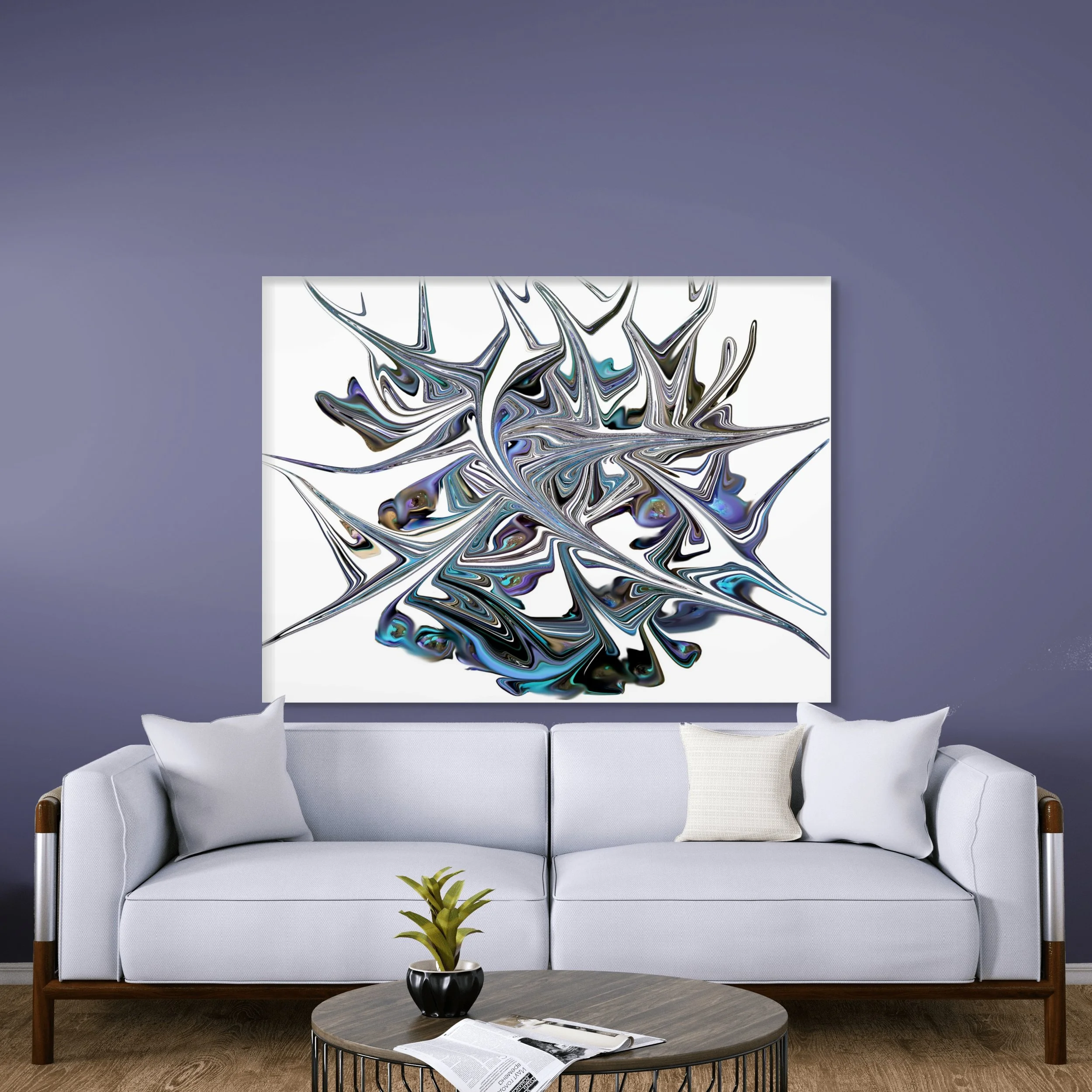 Abstract swirl painting with black, blue, purple, and white colors hanging above a white sofa in a living room.