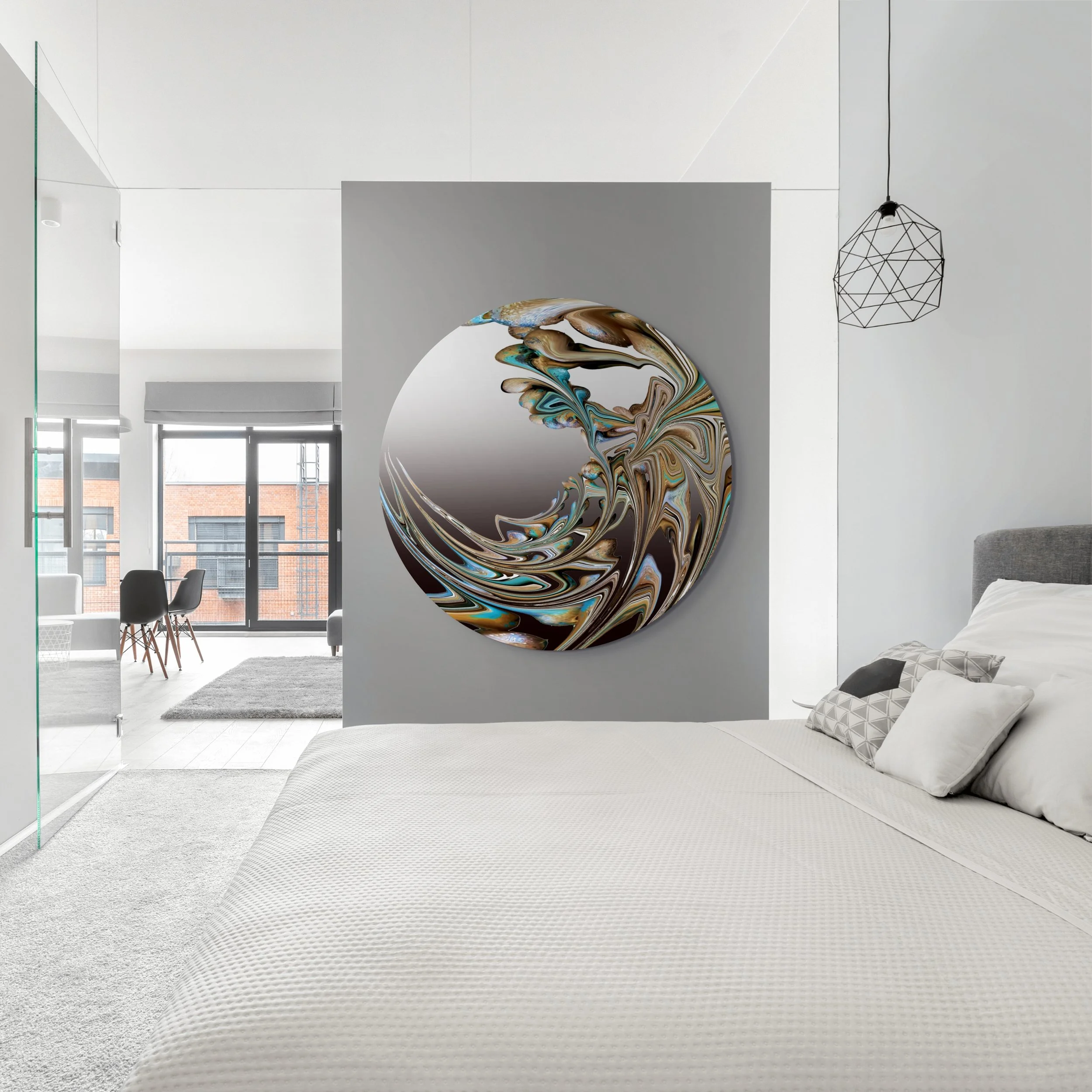 Modern bedroom with white textured bedding, decorative pillows, large abstract art on partition, and a wire pendant light in a bright space with large windows.
