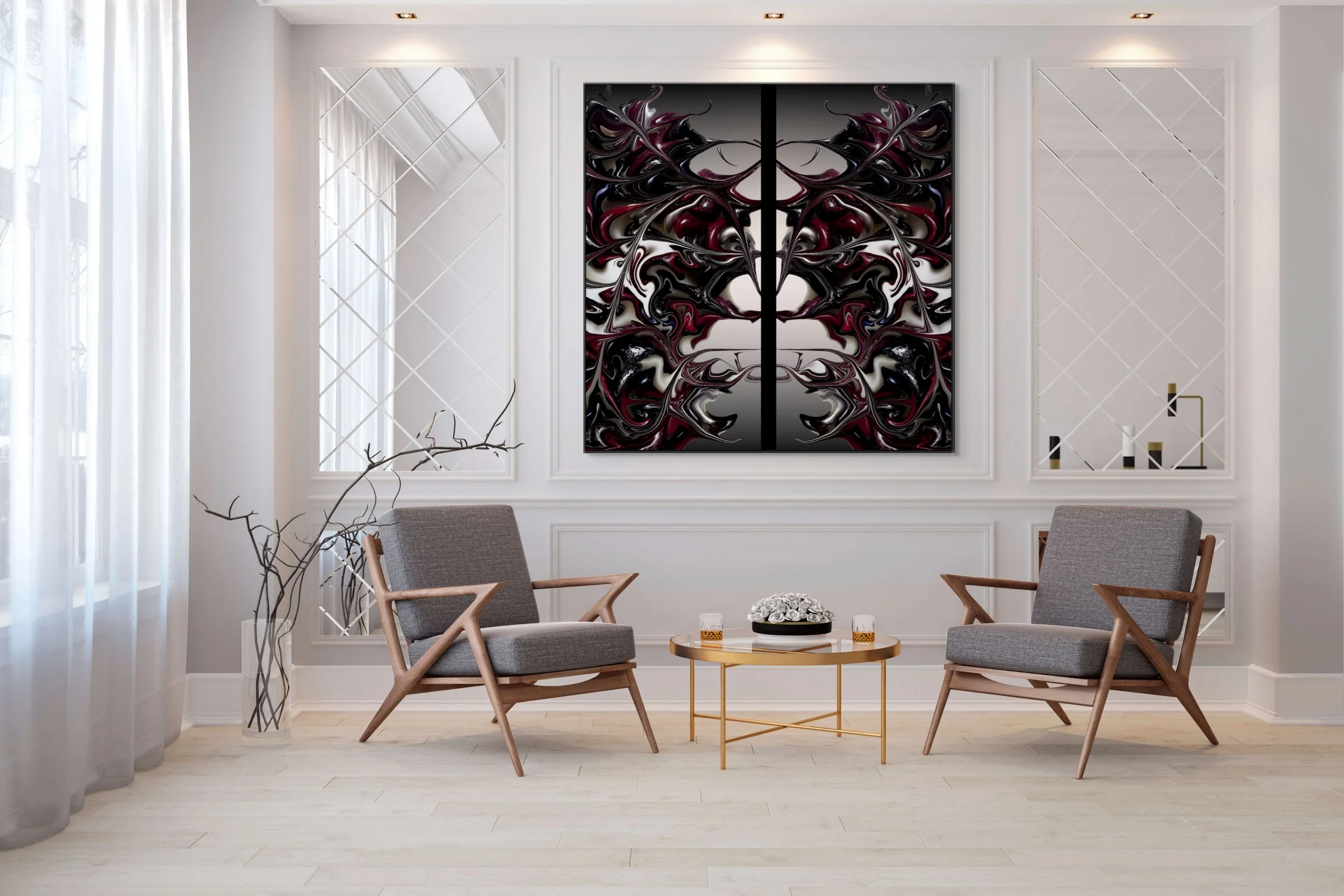 A modern living room with two grey armchairs with wooden frames, a small round gold coffee table with a bouquet of white roses in a bowl and two glasses of orange juice, white walls with decorative molding, a large abstract black and red painting on 