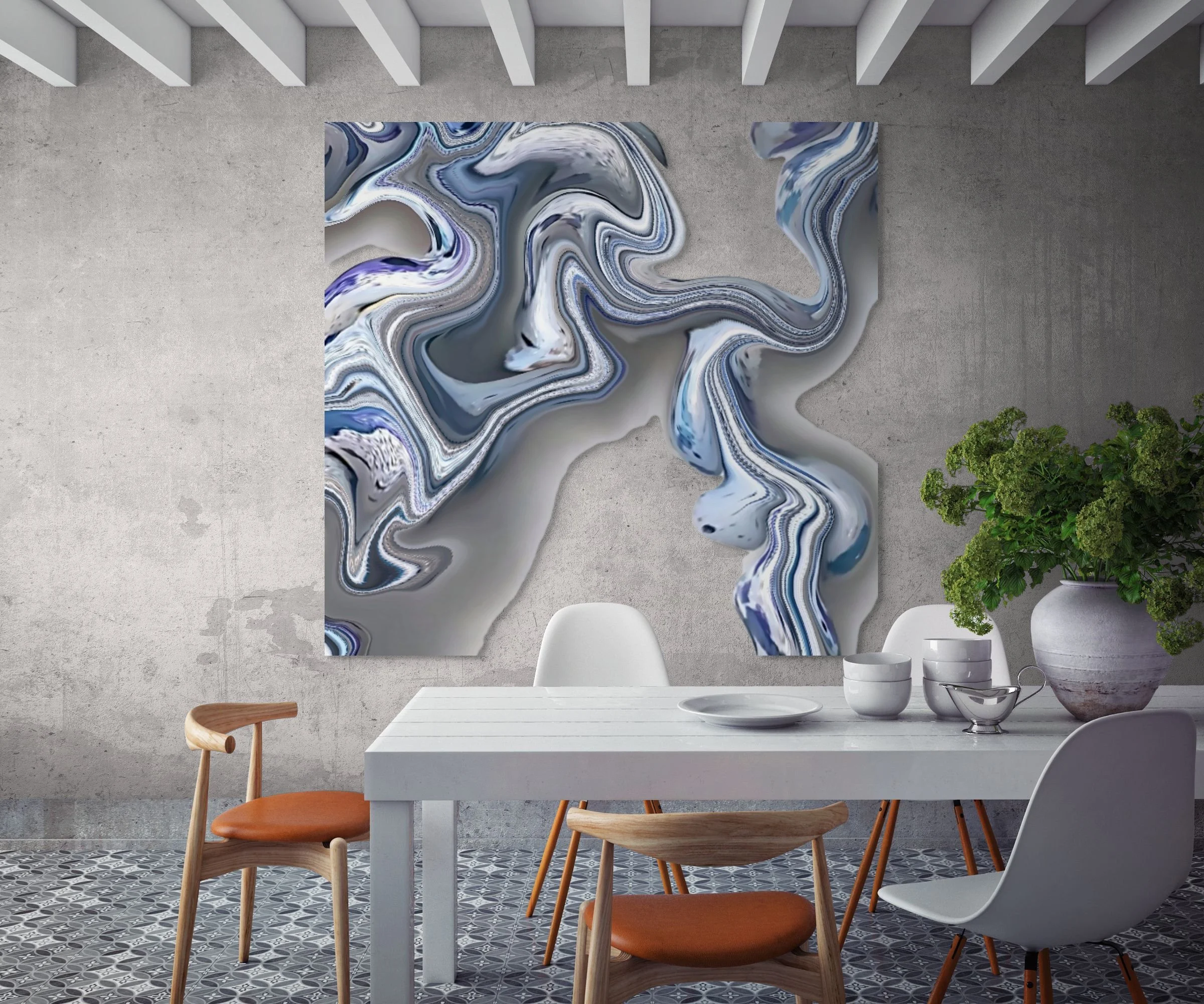 Interior dining room with a white table, four chairs, abstract wall art, and a potted plant.