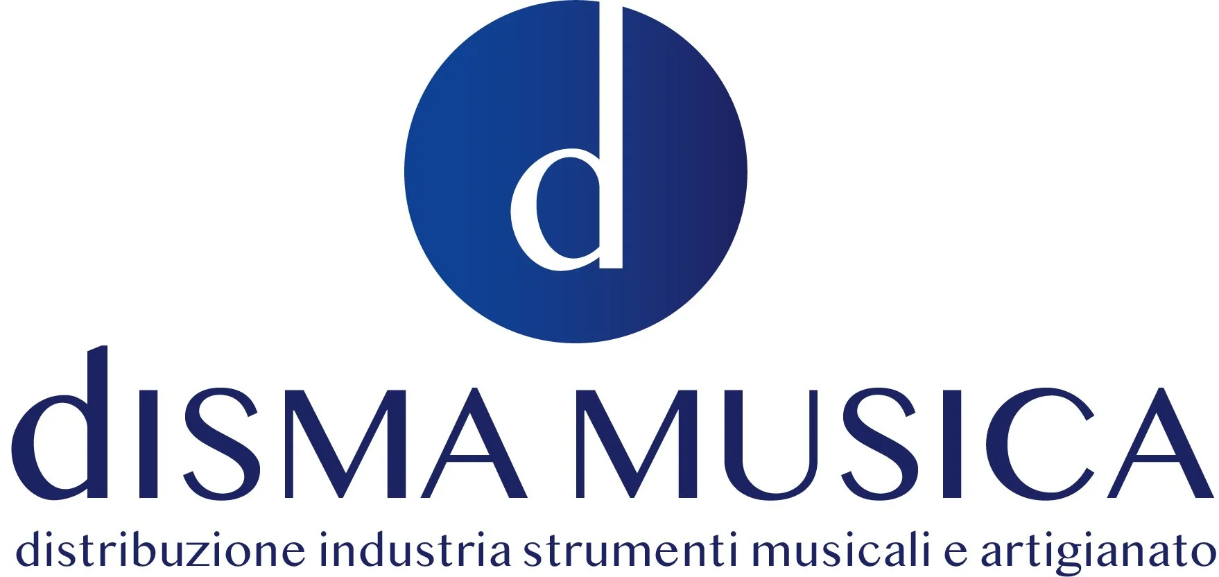 Disma Musica logo featuring a blue circle with a white lowercase 'd' in the center and the company name in dark blue text below, along with a subtitle in Italian about musical instruments and craftsmanship.