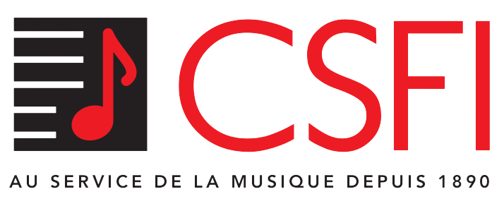Logo of CSF, a music service founded in 1890, featuring a musical note, a pen, and the text 'AU SERVICE DE LA MUSIQUE DEPUIS 1890'.