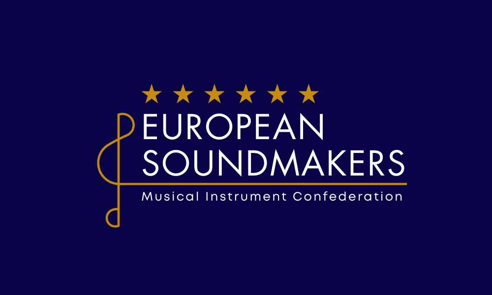 Logo for European Soundmakers, Musical Instrument Confederation, with five gold stars on dark blue background.
