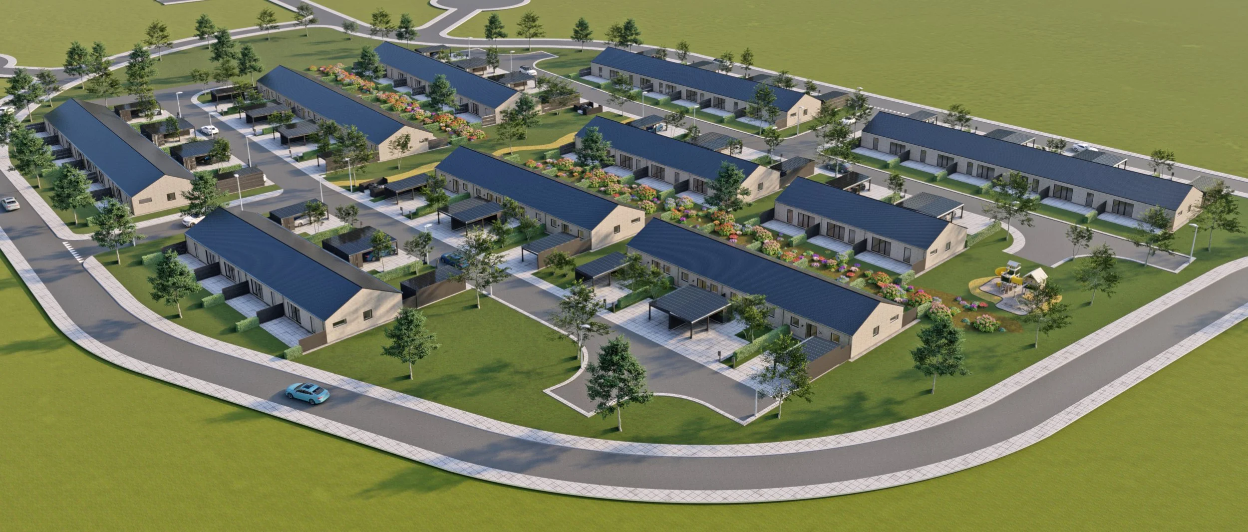 En oversigt over et boligområde med rækkehuse, mere traditionelle enfamiliehuse, grønne områder, vejbaner, taxaer og legepladser