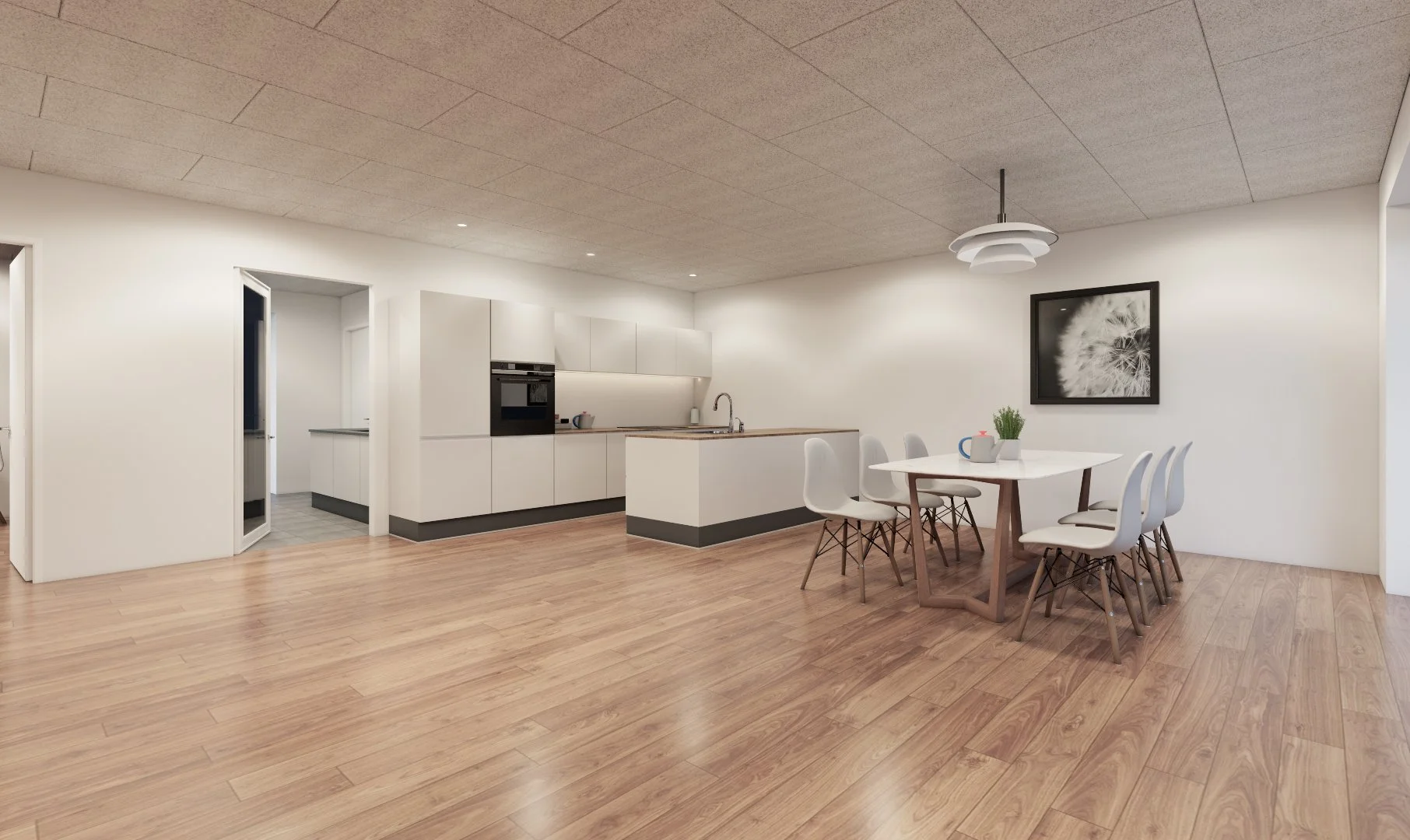 Moderne, minimalistisk køkken og spisestue med hvidt inventar, træbord med otte chairs, trægulv, billed af en dunhøne på væggen, og moderne lysarmatur.