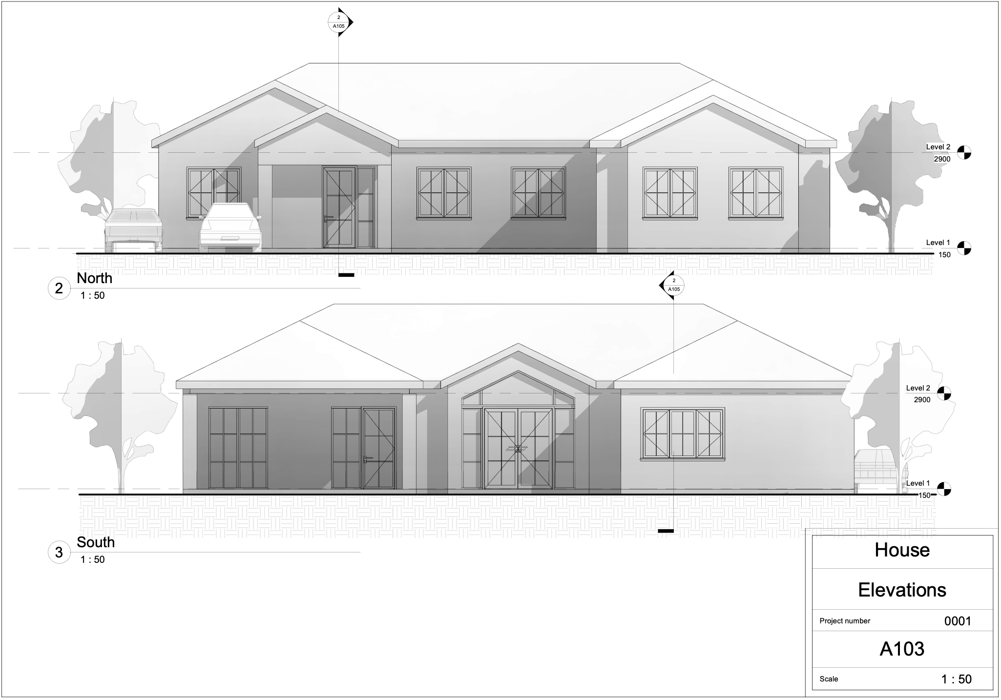 Illustration af husets nord- og sydfacade med vinduer, dør og tagdetaljer, omgivet af træer og biler, i skala 1:50.