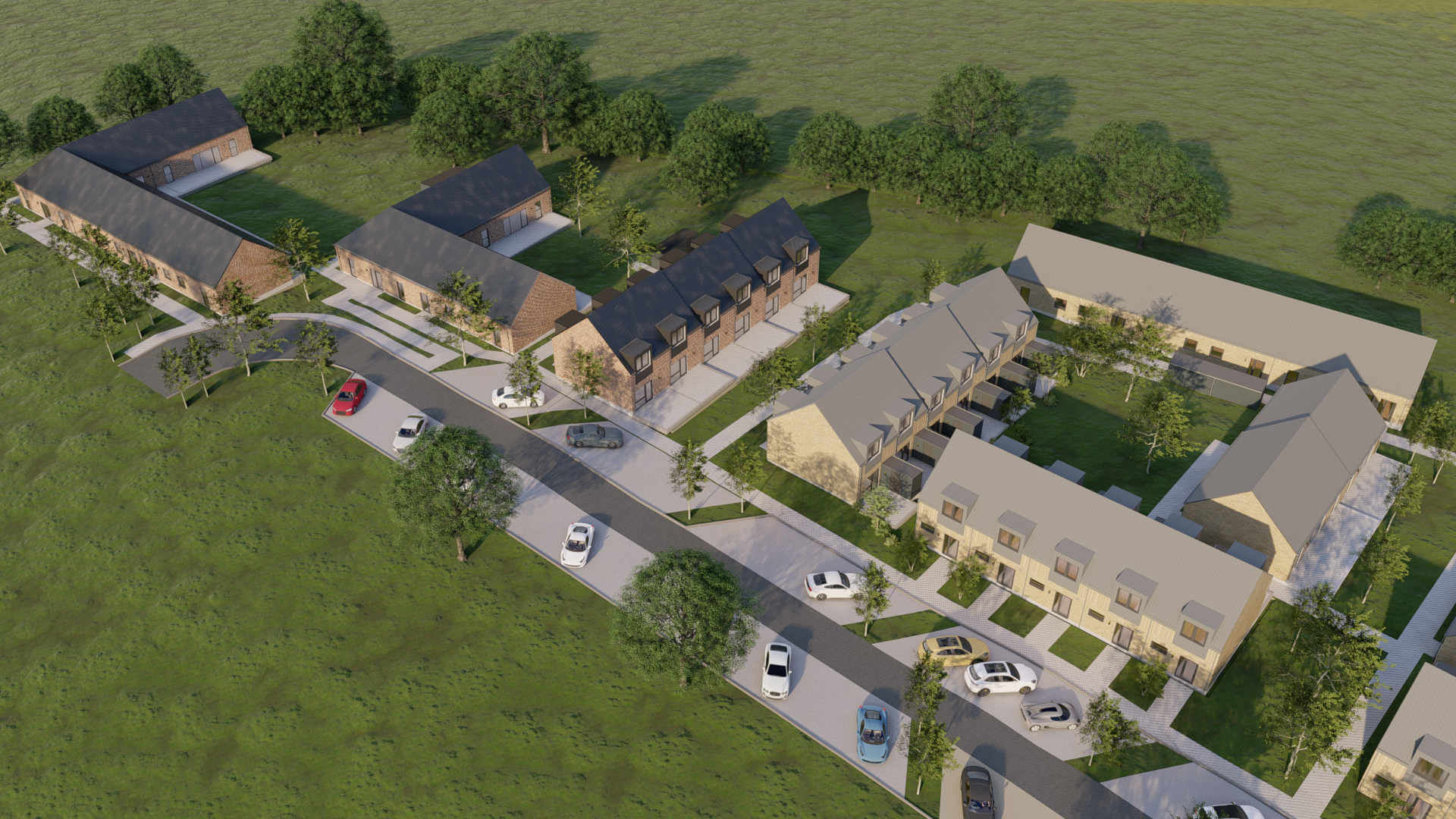 Illustration af nyere boligbebyggelse med forskellige typer af huse, parkeringspladser og grønne områder.